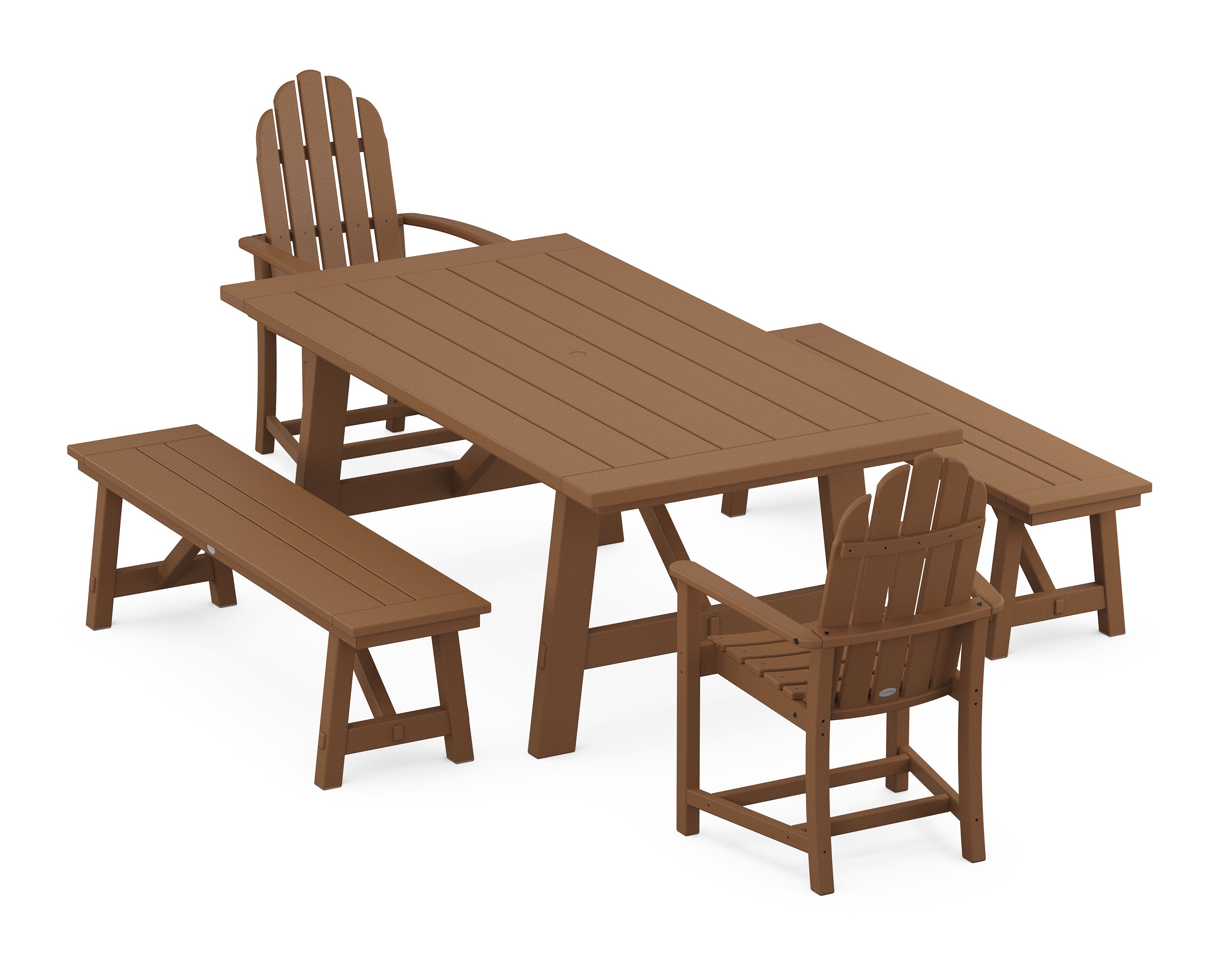 POLYWOOD® Classic Adirondack 5-Piece Rustic Farmhouse Dining Set With Benches in Teak