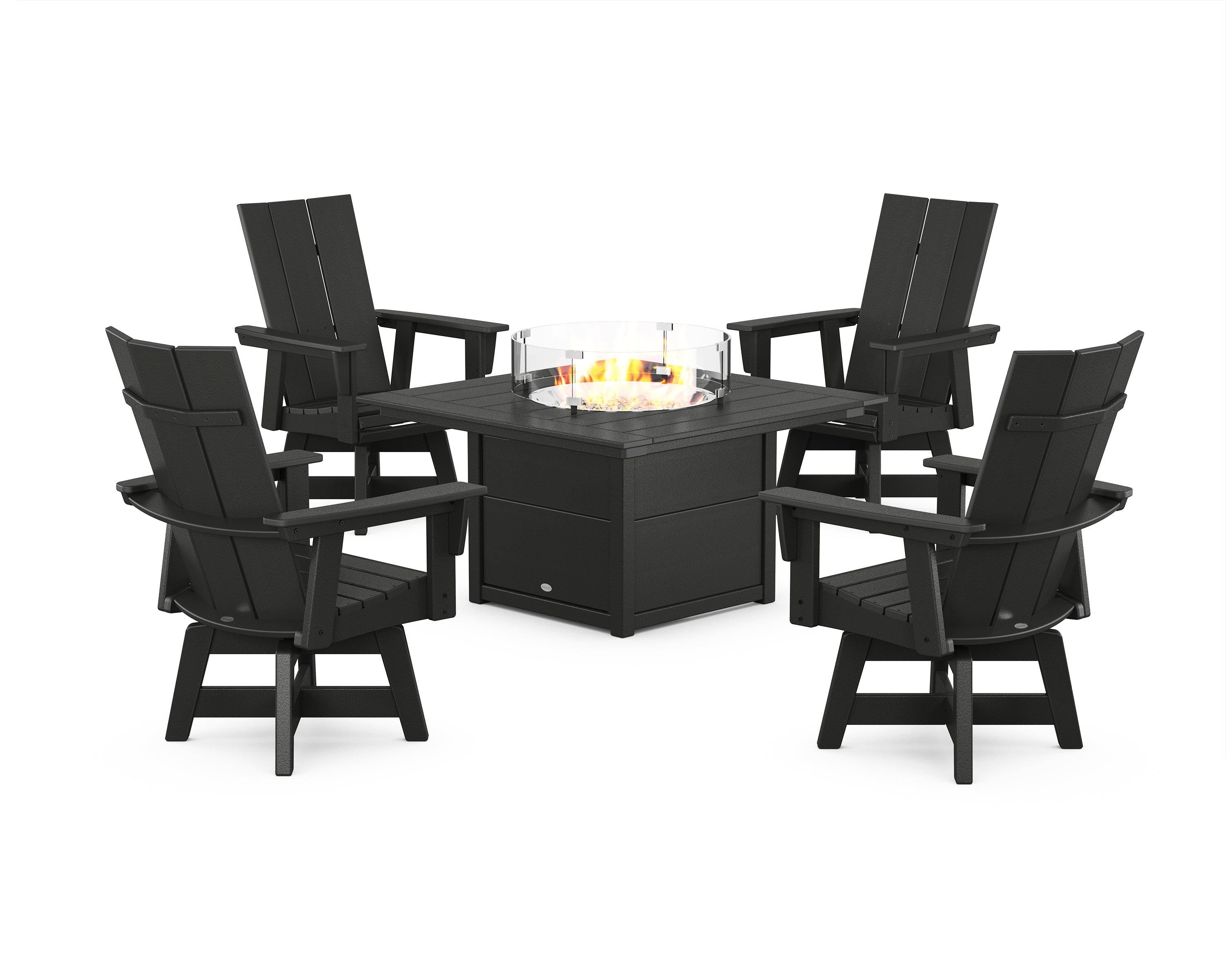 POLYWOOD® Modern 4-Piece Curveback Upright Adirondack Conversation Set with Fire Pit Table in Black