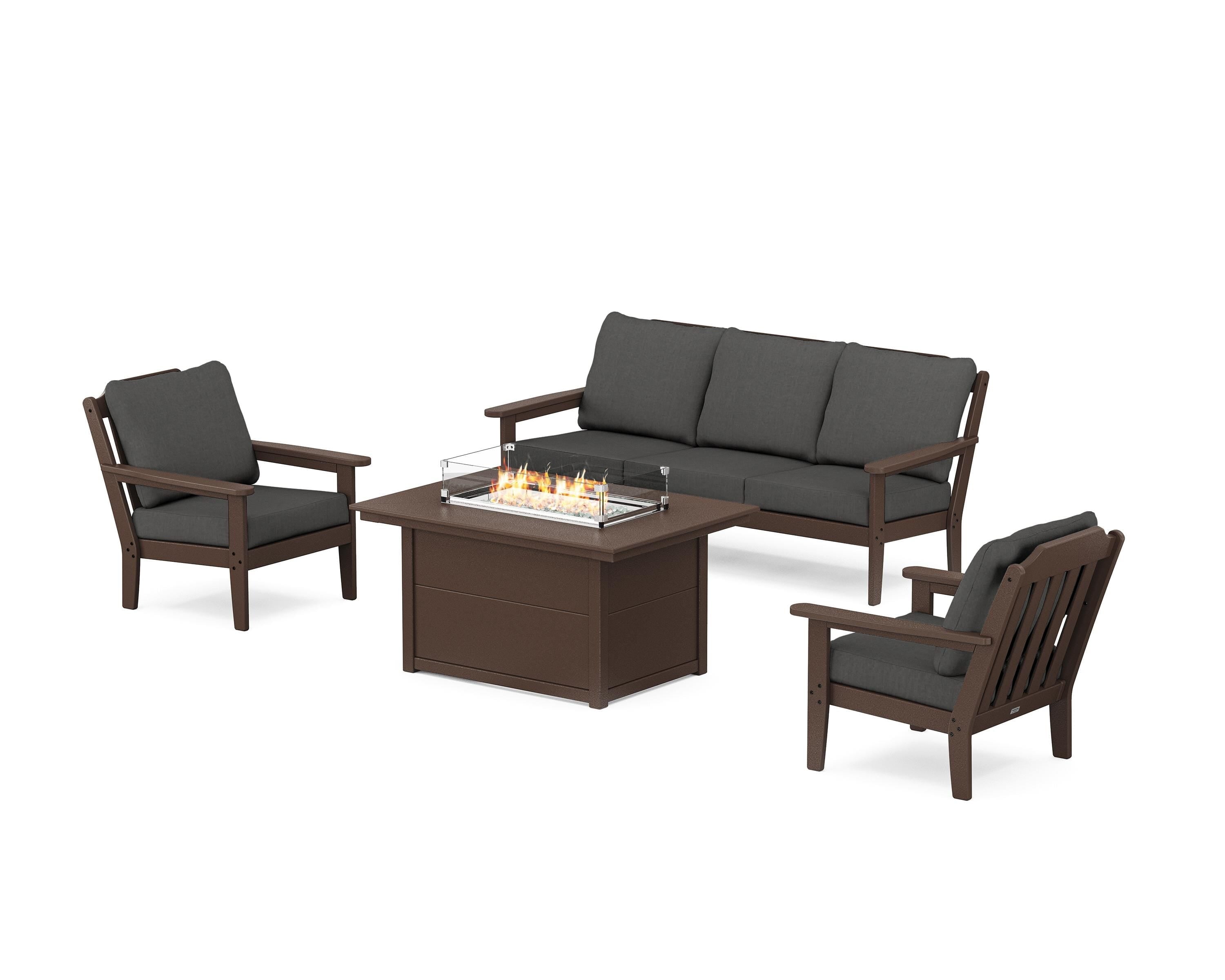 Country Living Cottage Deep Seating Fire Pit Table Set in Mahogany / Spectrum Carbon
