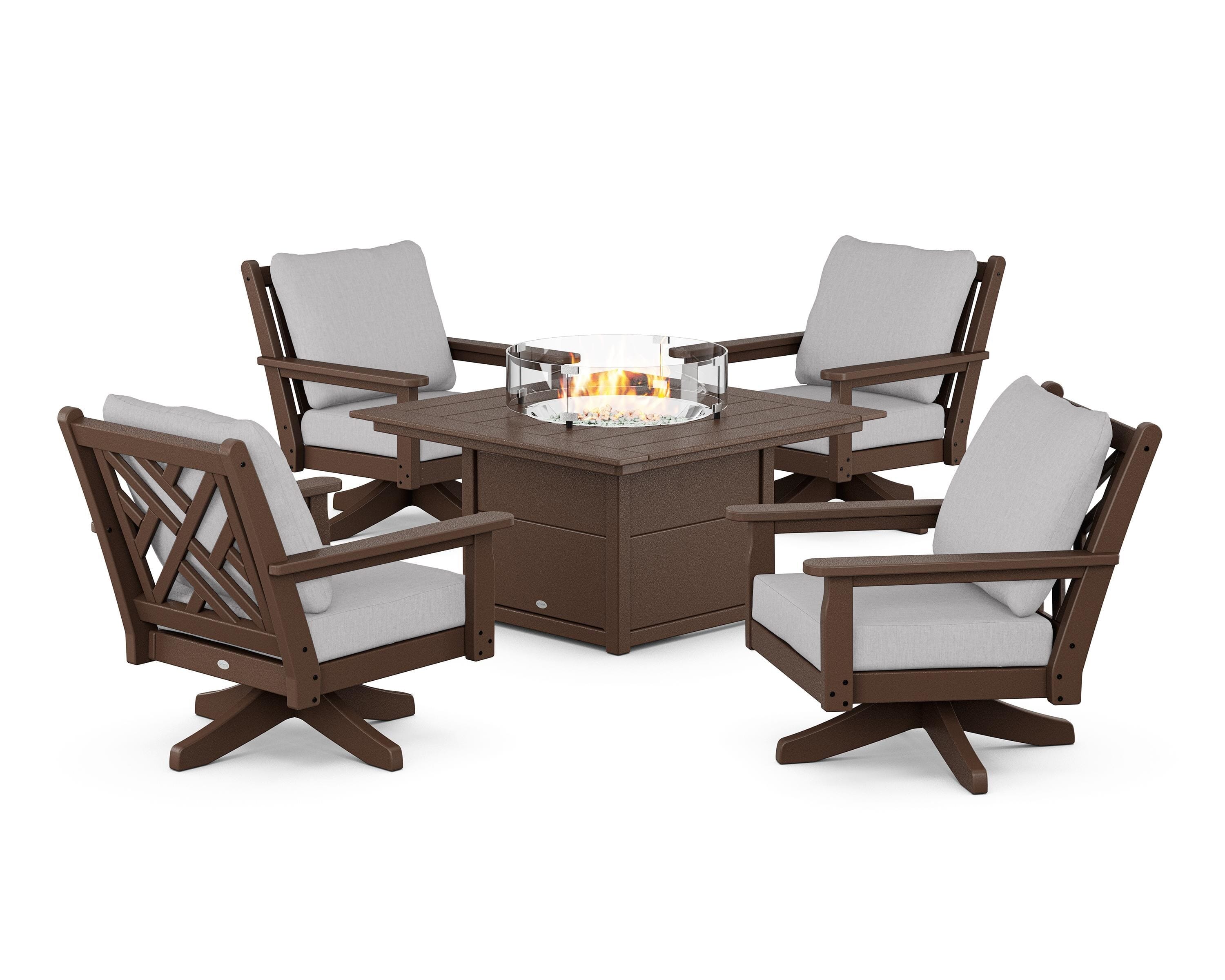 POLYWOOD Chippendale 5-Piece Deep Seating Swivel Conversation Set with Fire Pit Table in Mahogany / Granite
