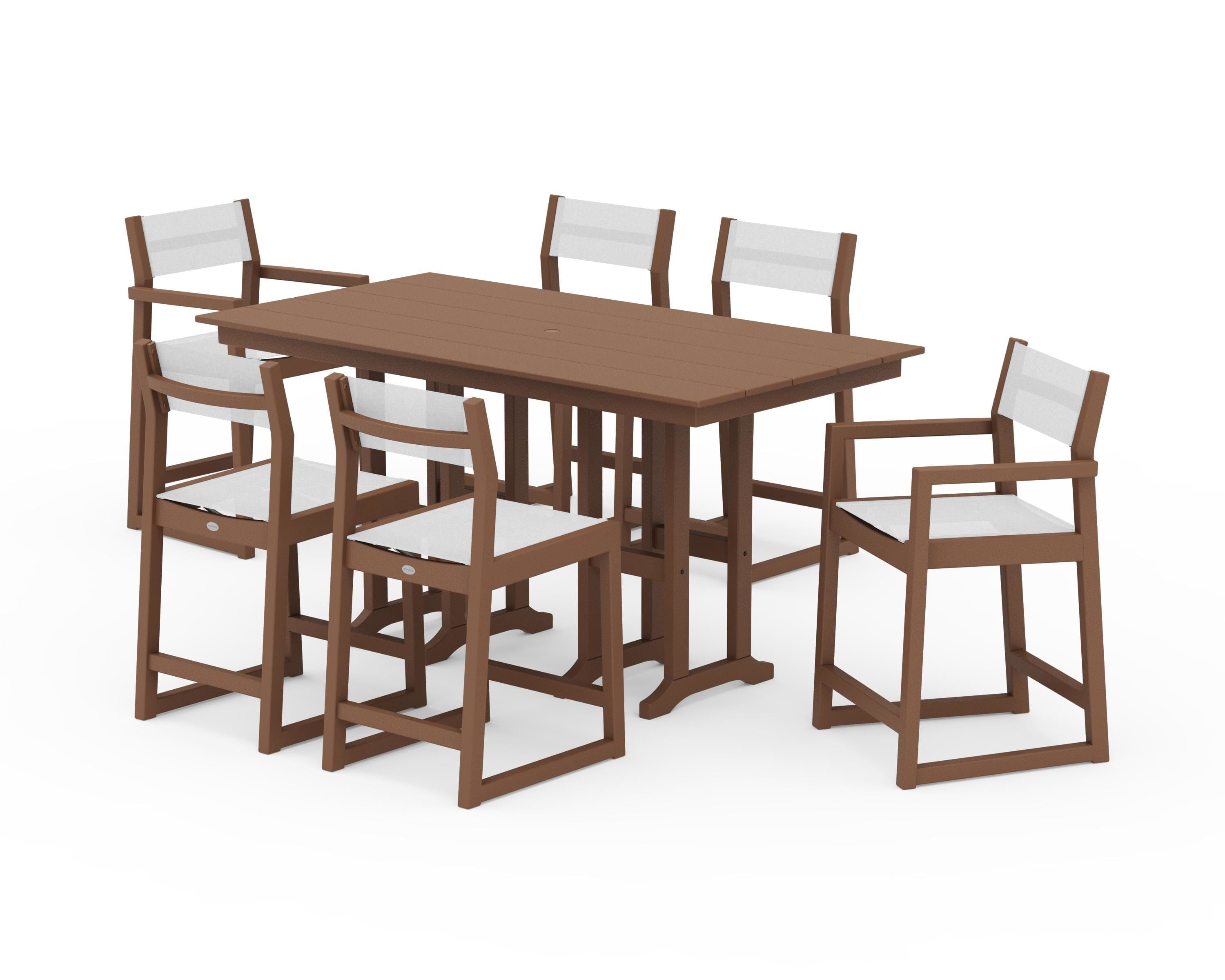 POLYWOOD EDGE Sling 7-Piece Farmhouse Counter Set in Teak / White Sling