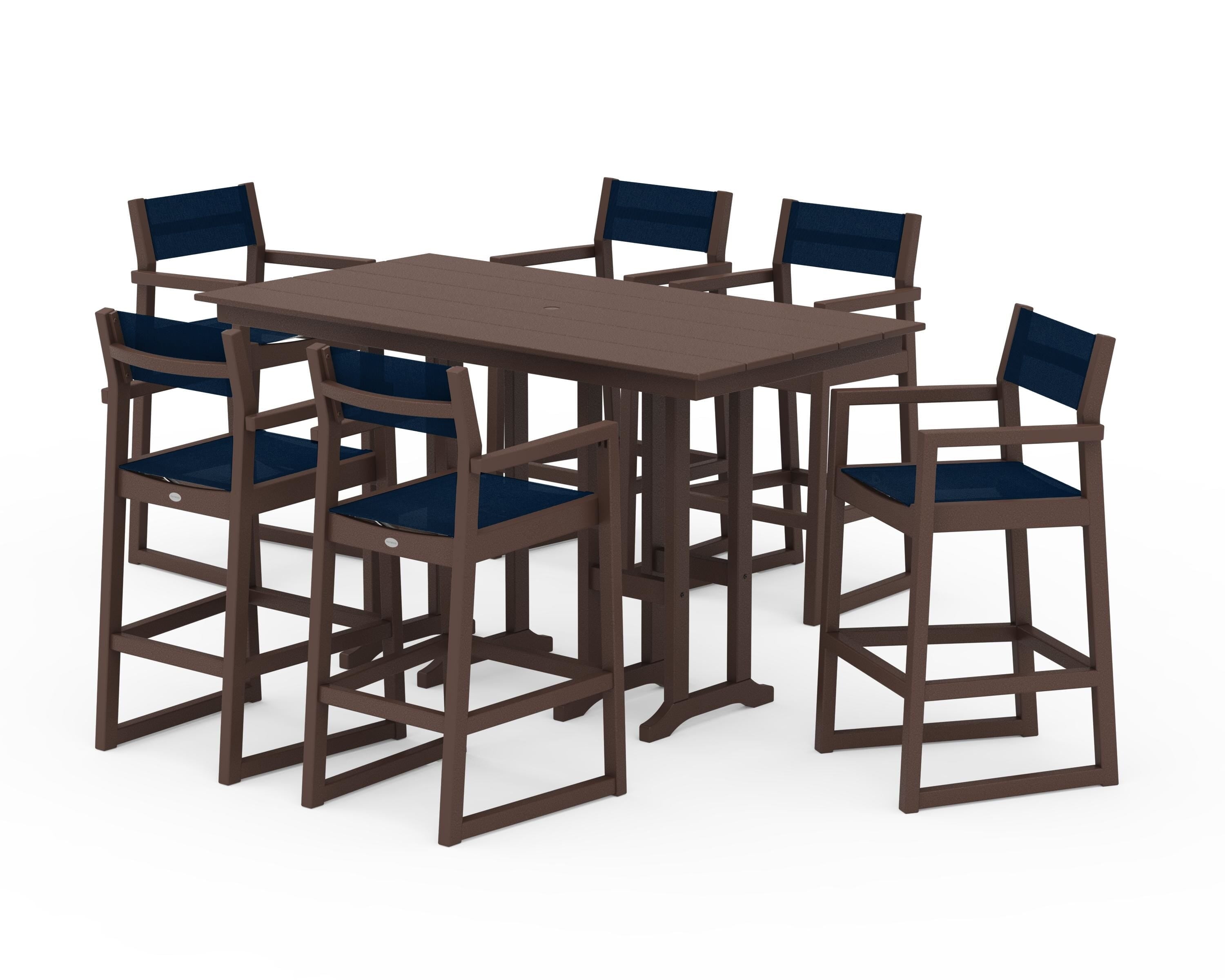 POLYWOOD EDGE Sling Arm Chair 7-Piece Farmhouse Bar Set in Mahogany / Navy Blue Sling