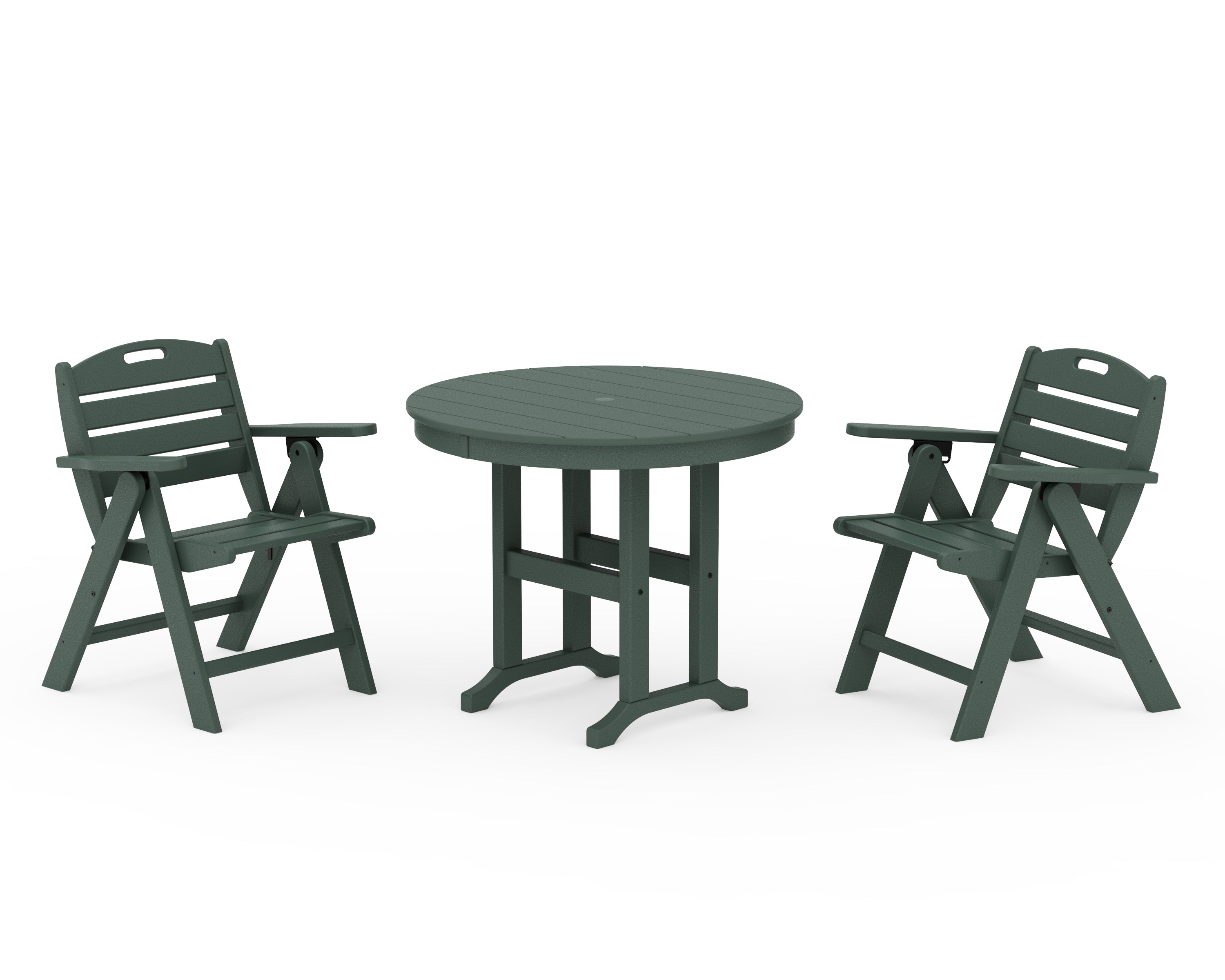 POLYWOOD Nautical Folding Lowback Chair 3-Piece Round Dining Set in Green