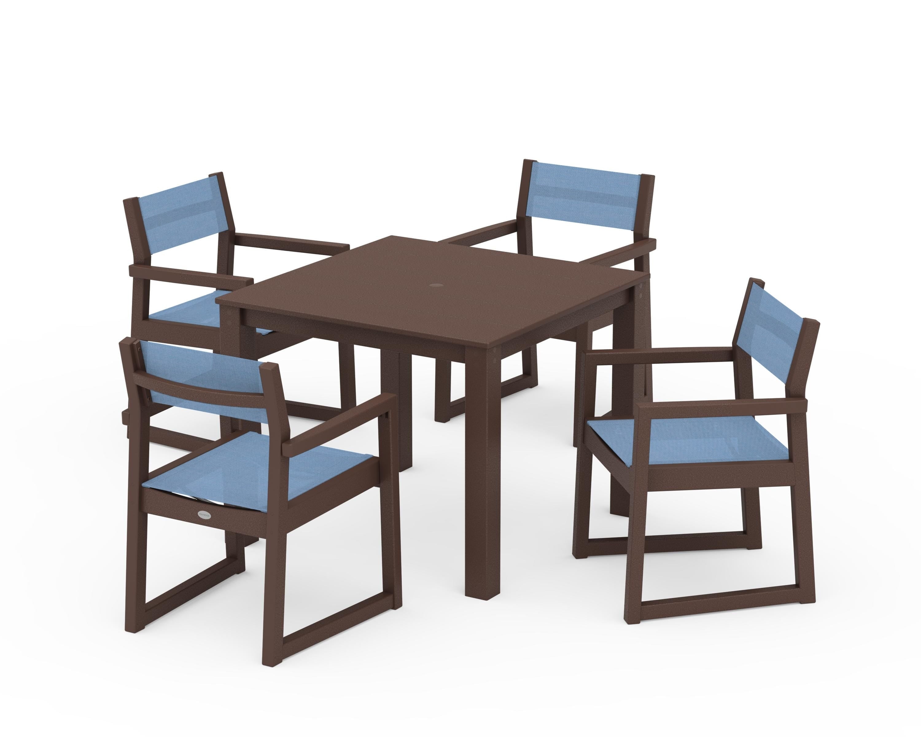 POLYWOOD EDGE Sling Arm Chair 5-Piece Parsons Dining Set in Mahogany / Poolside Sling