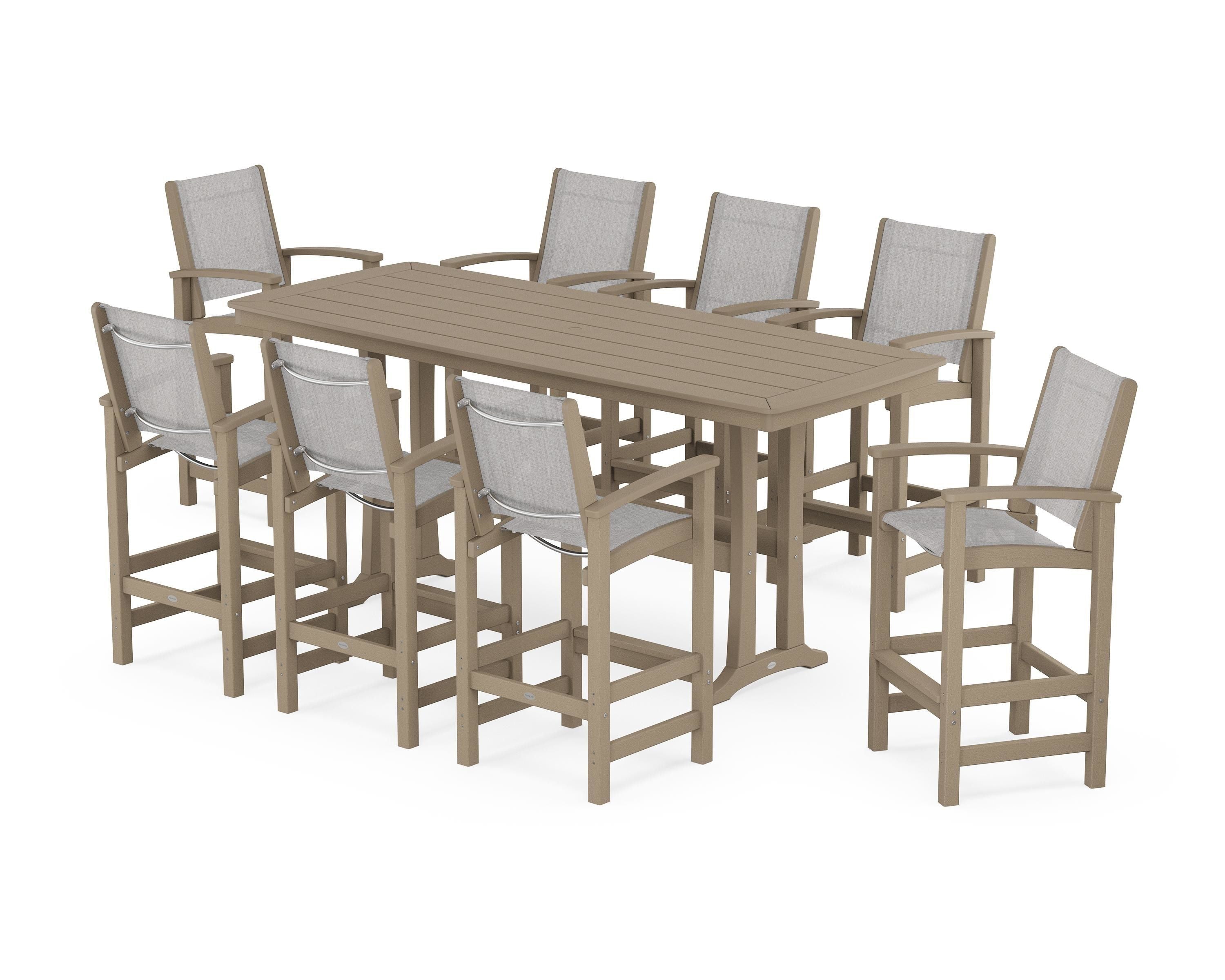 POLYWOOD Coastal 9-Piece Bar Set with Trestle Legs in Vintage Sahara / Parchment Sling