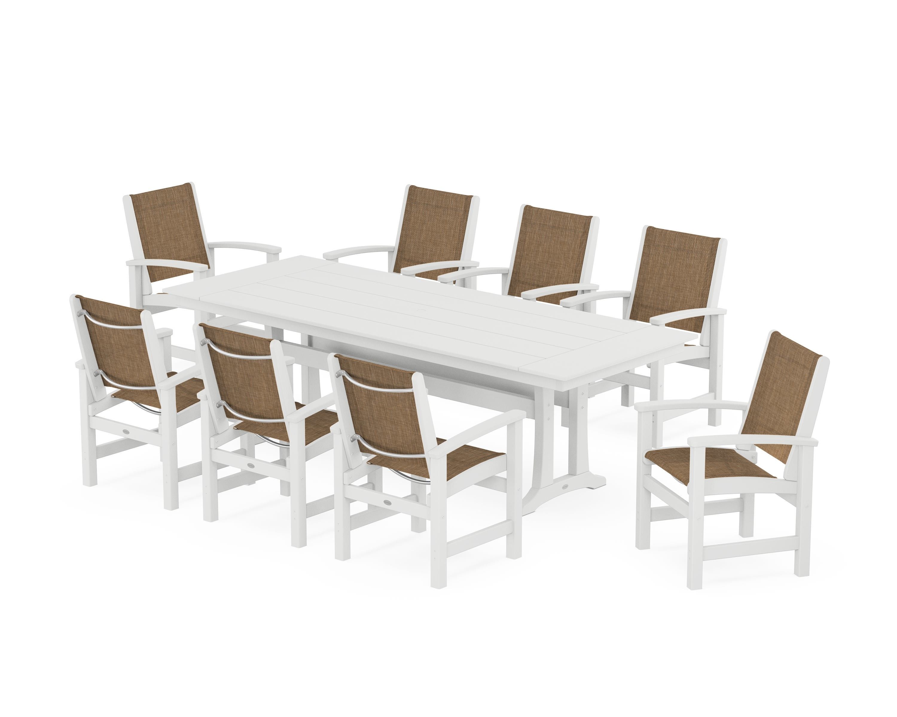 POLYWOOD Coastal 9-Piece Farmhouse Dining Set with Trestle Legs in White / Burlap Sling