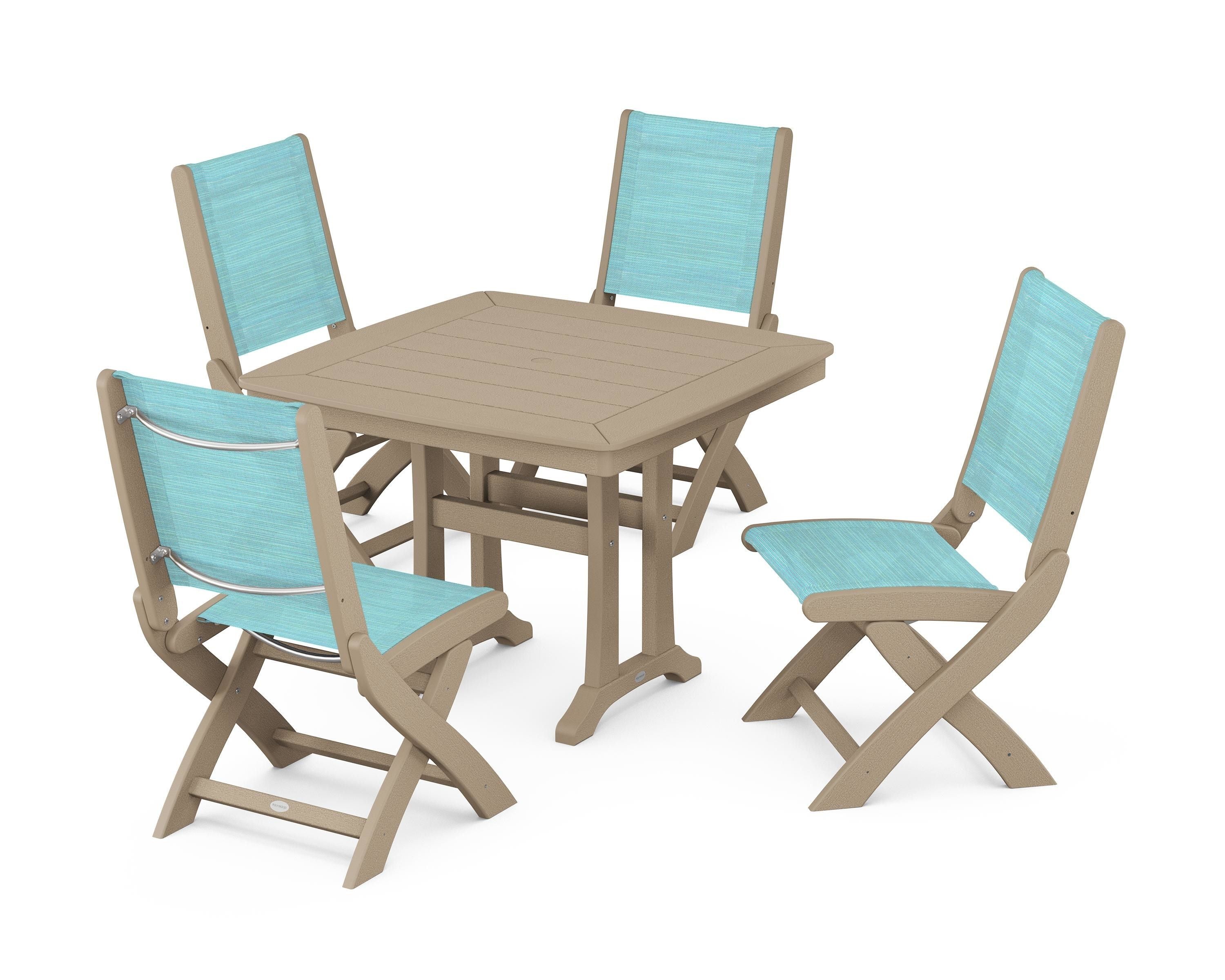 POLYWOOD Coastal Folding Side Chair 5-Piece Dining Set with Trestle Legs in Vintage Sahara / Dupioni Aquamarine Sling