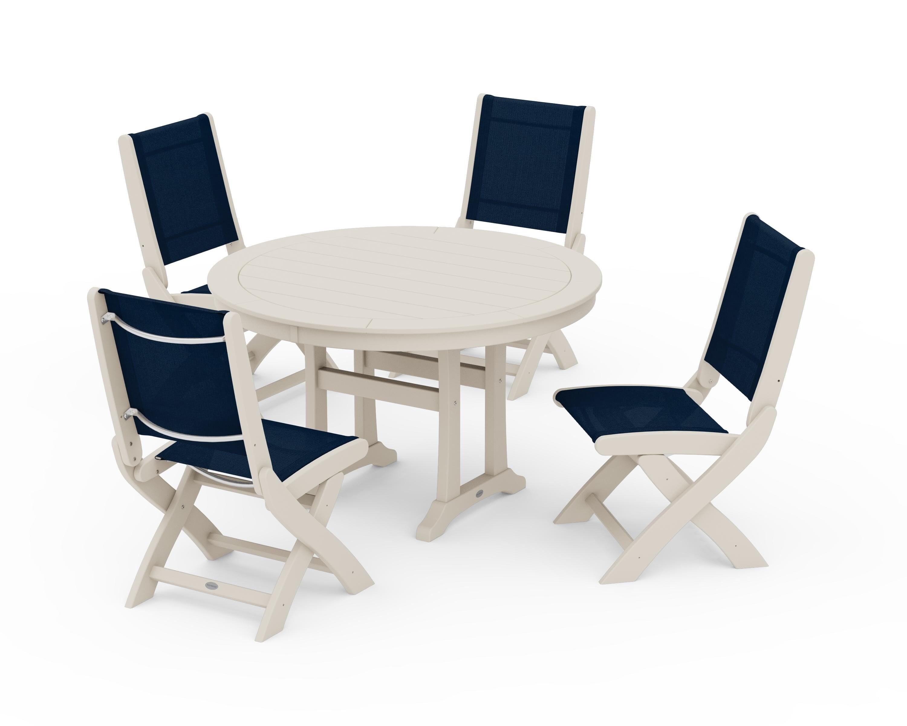 POLYWOOD Coastal Folding Side Chair 5-Piece Round Dining Set With Trestle Legs in Sand / Navy Blue Sling