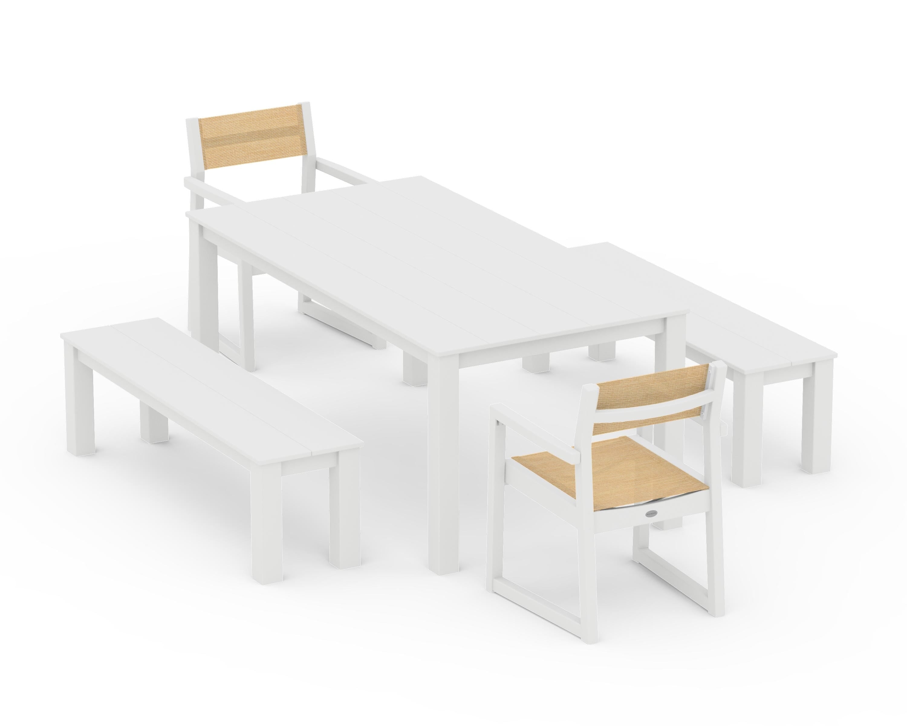 POLYWOOD EDGE Sling Arm Chair 5-Piece Parsons Dining Set with Benches in White / Dupioni Apricot Sling