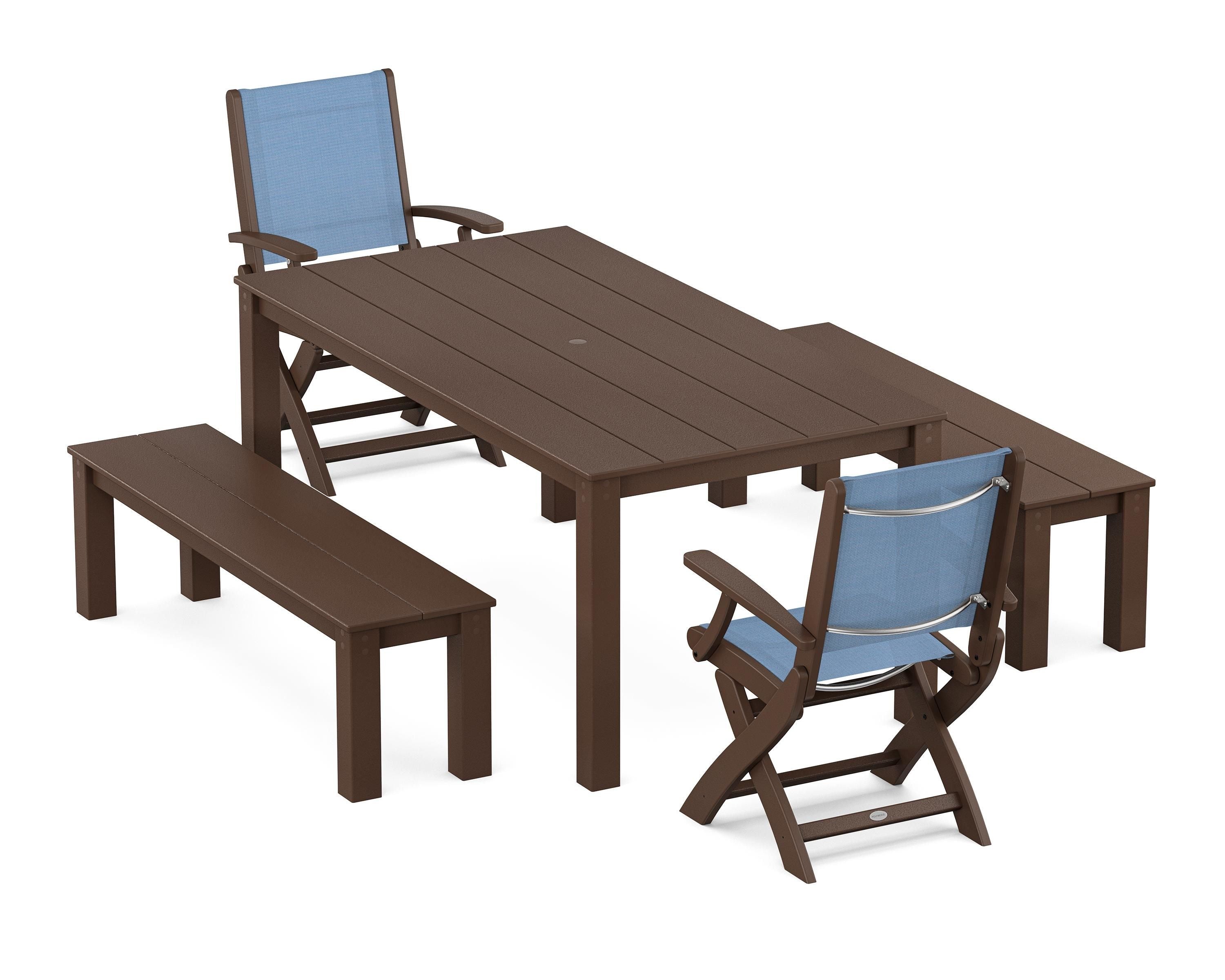 POLYWOOD Coastal Folding Chair 5-Piece Parsons Dining Set with Benches in Mahogany / Poolside Sling