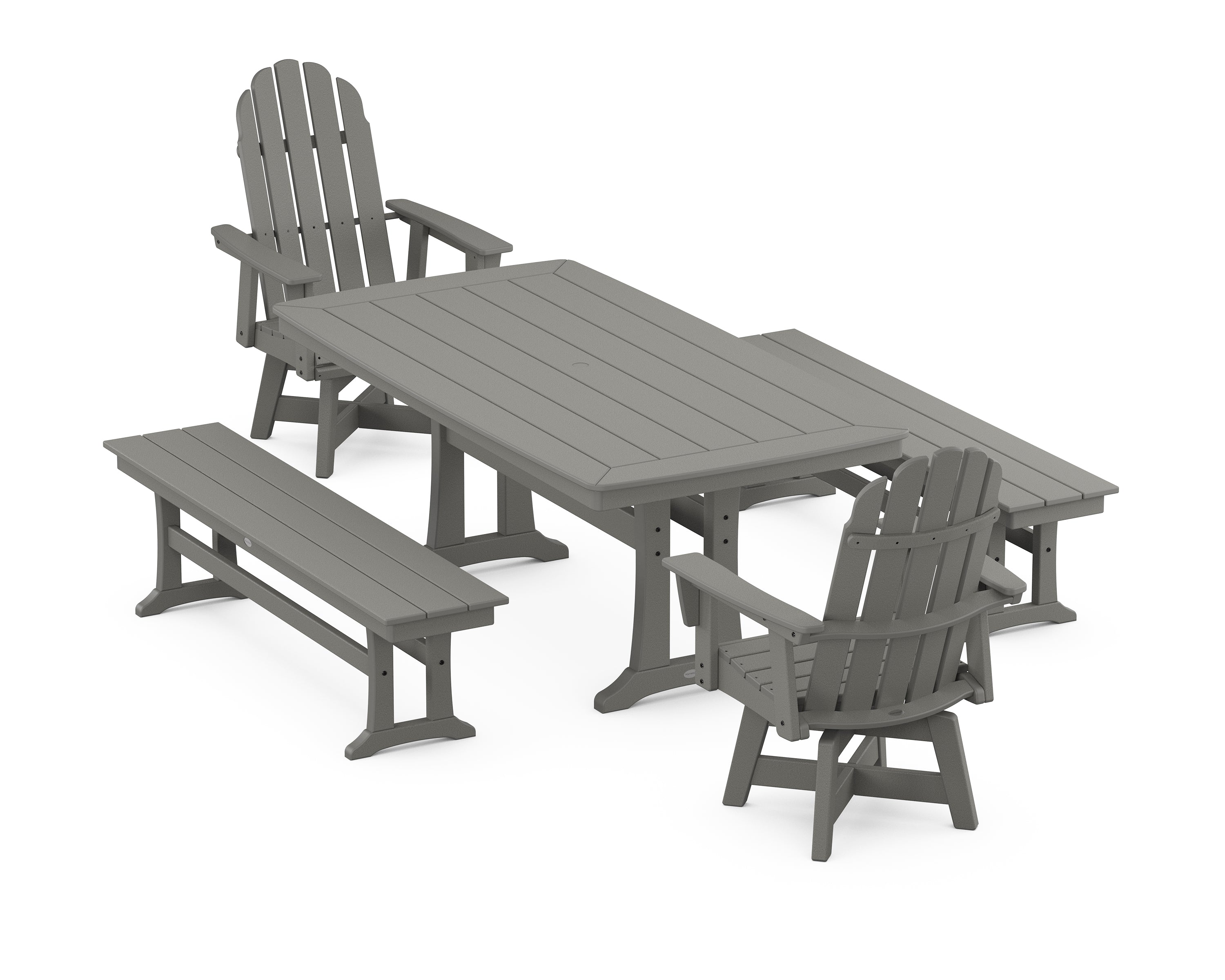 POLYWOOD® Vineyard Adirondack Swivel Chair 5-Piece Dining Set with Trestle Legs and Benches in Slate Grey