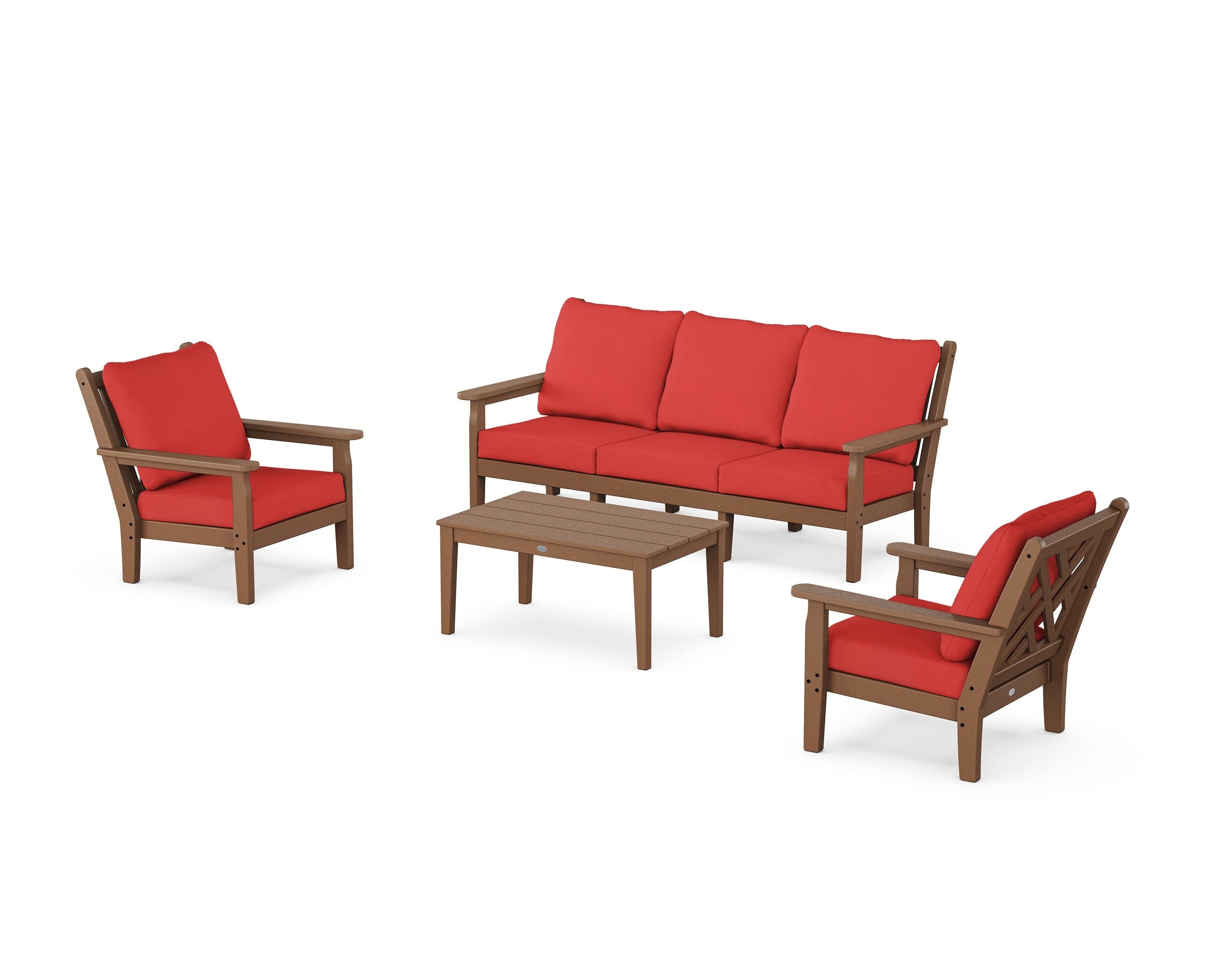 POLYWOOD Chippendale 4-Piece Deep Seating Set with Sofa in Teak / Crimson Linen