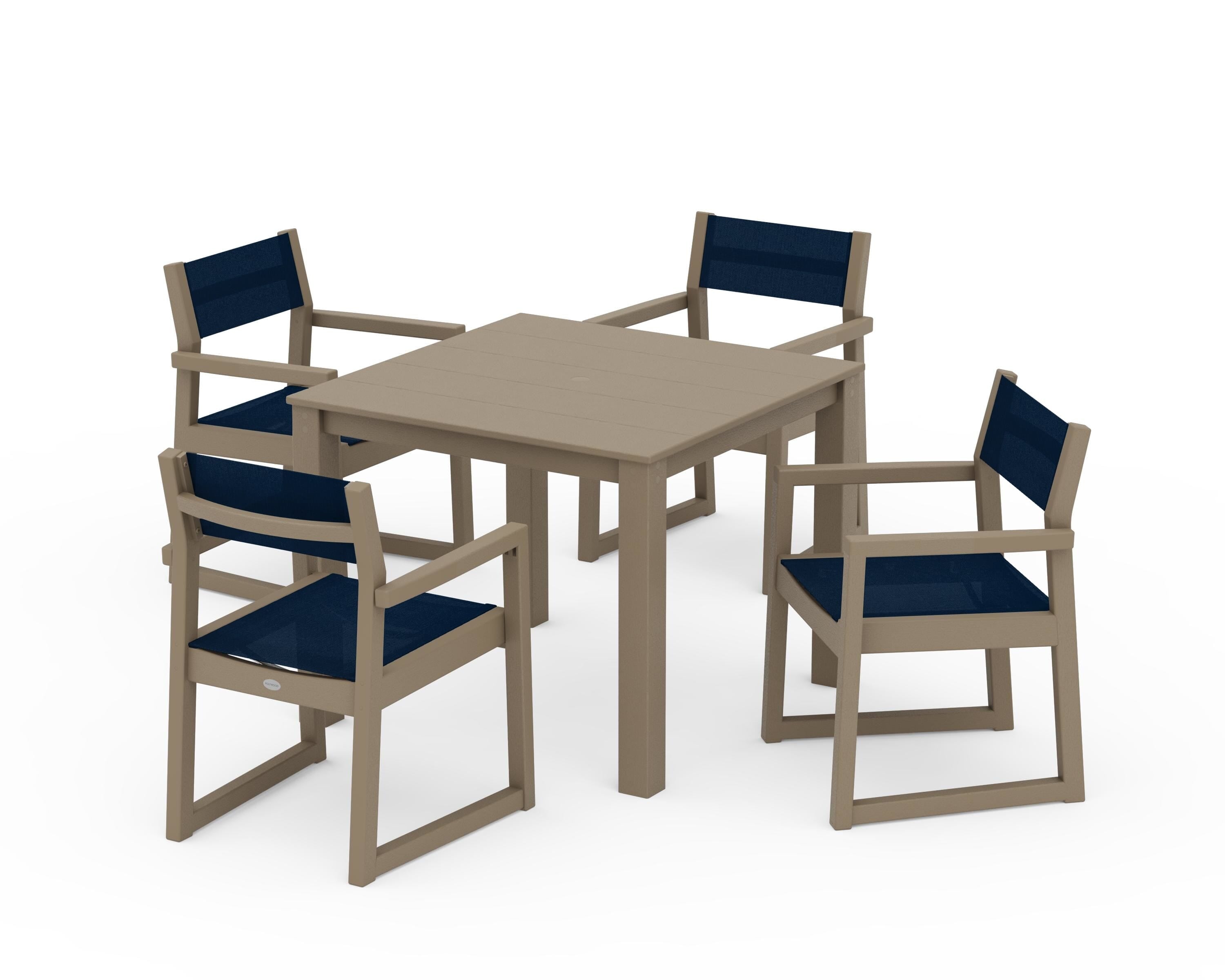 POLYWOOD EDGE Sling Arm Chair 5-Piece Parsons Dining Set in Vintage Sahara / Navy Blue Sling