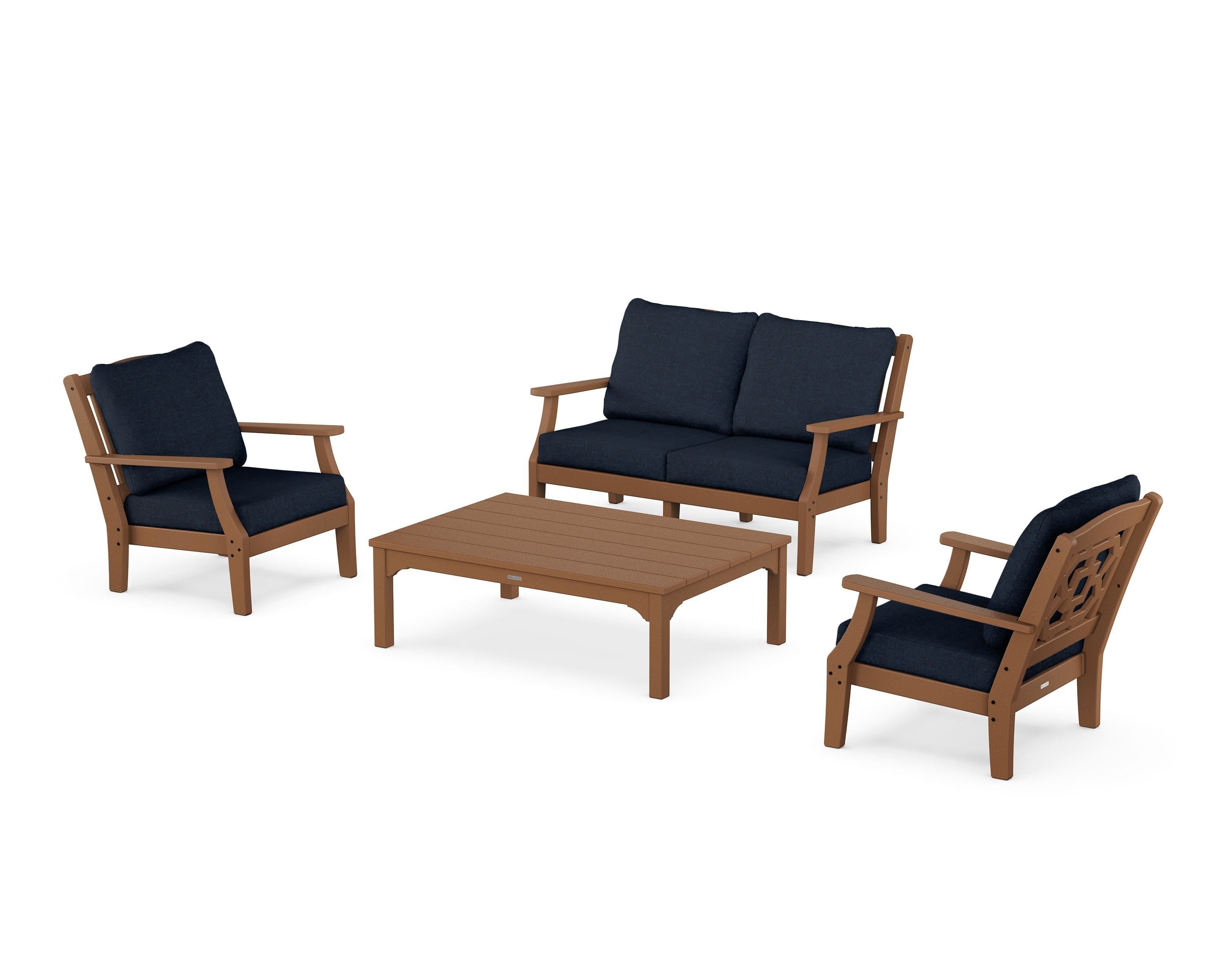 Martha Stewart by POLYWOOD Chinoiserie 4-Piece Deep Seating Set with Loveseat in Teak / Marine Indigo