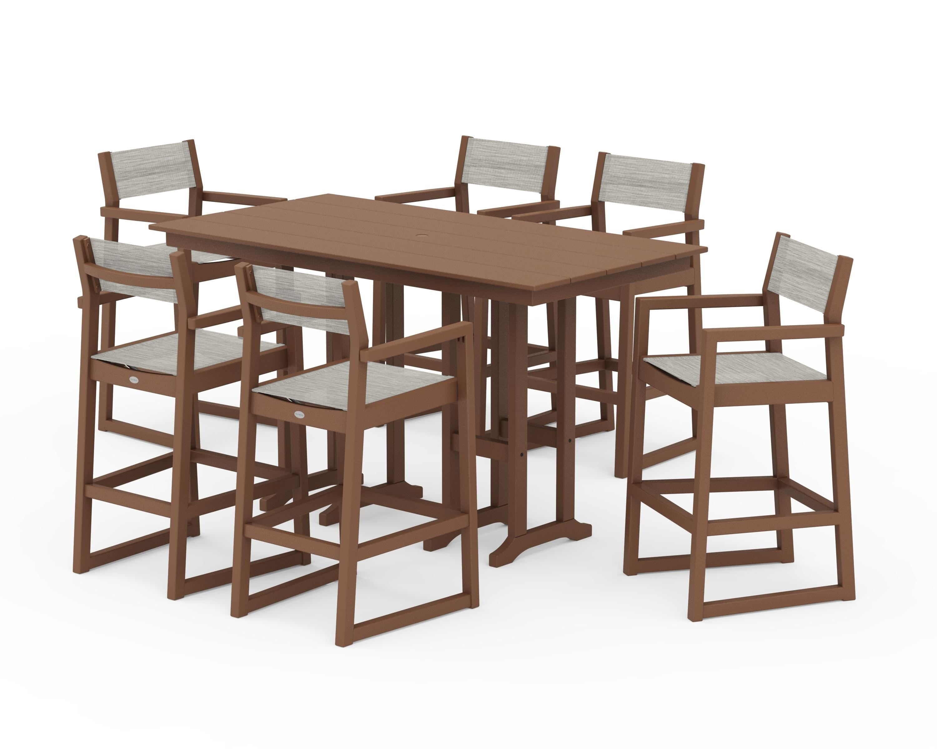 POLYWOOD EDGE Sling Arm Chair 7-Piece Farmhouse Bar Set in Teak / Birch Sling