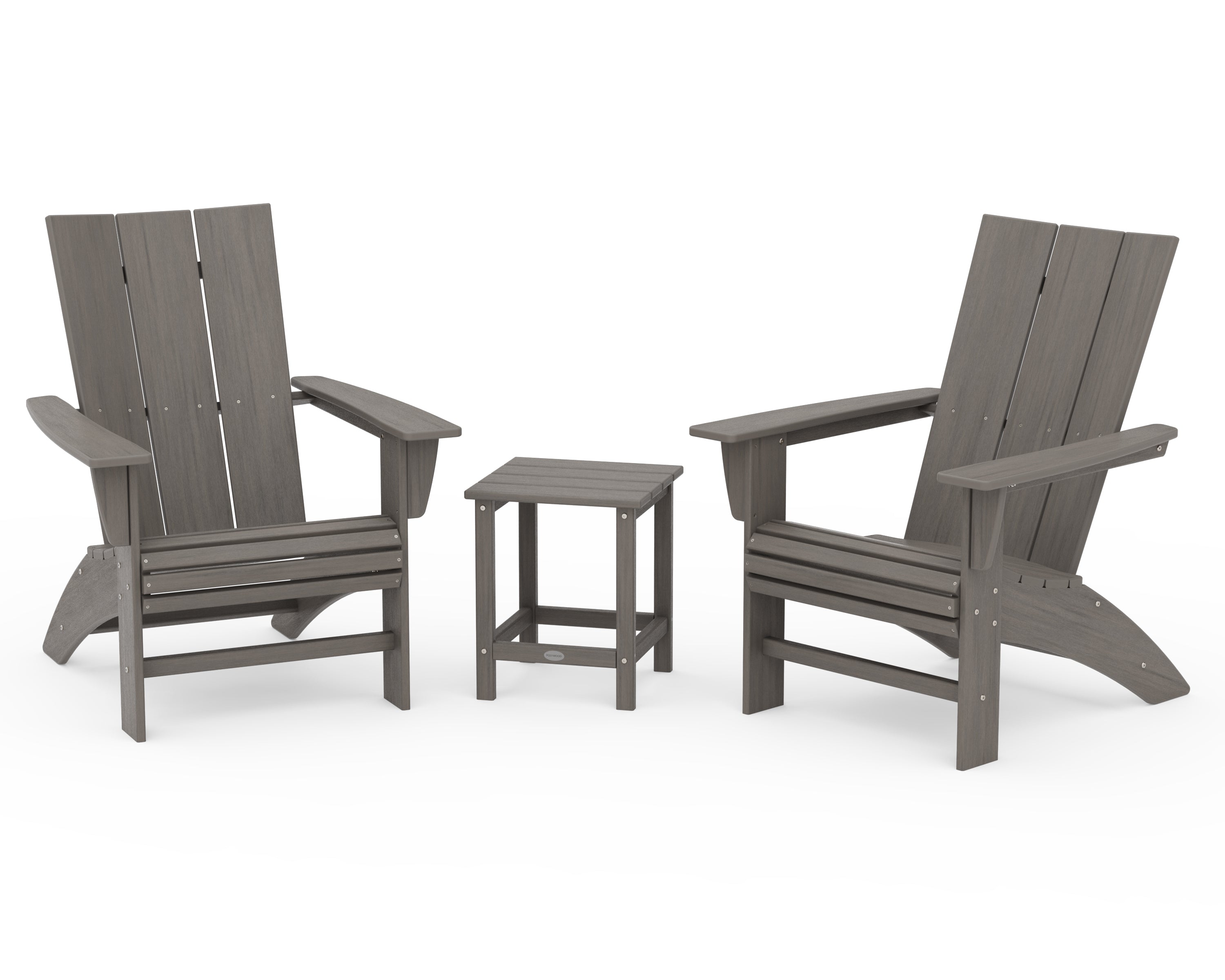 POLYWOOD Modern 3-Piece Curveback Adirondack Set with Long Island 18" Side Table in Driftwood