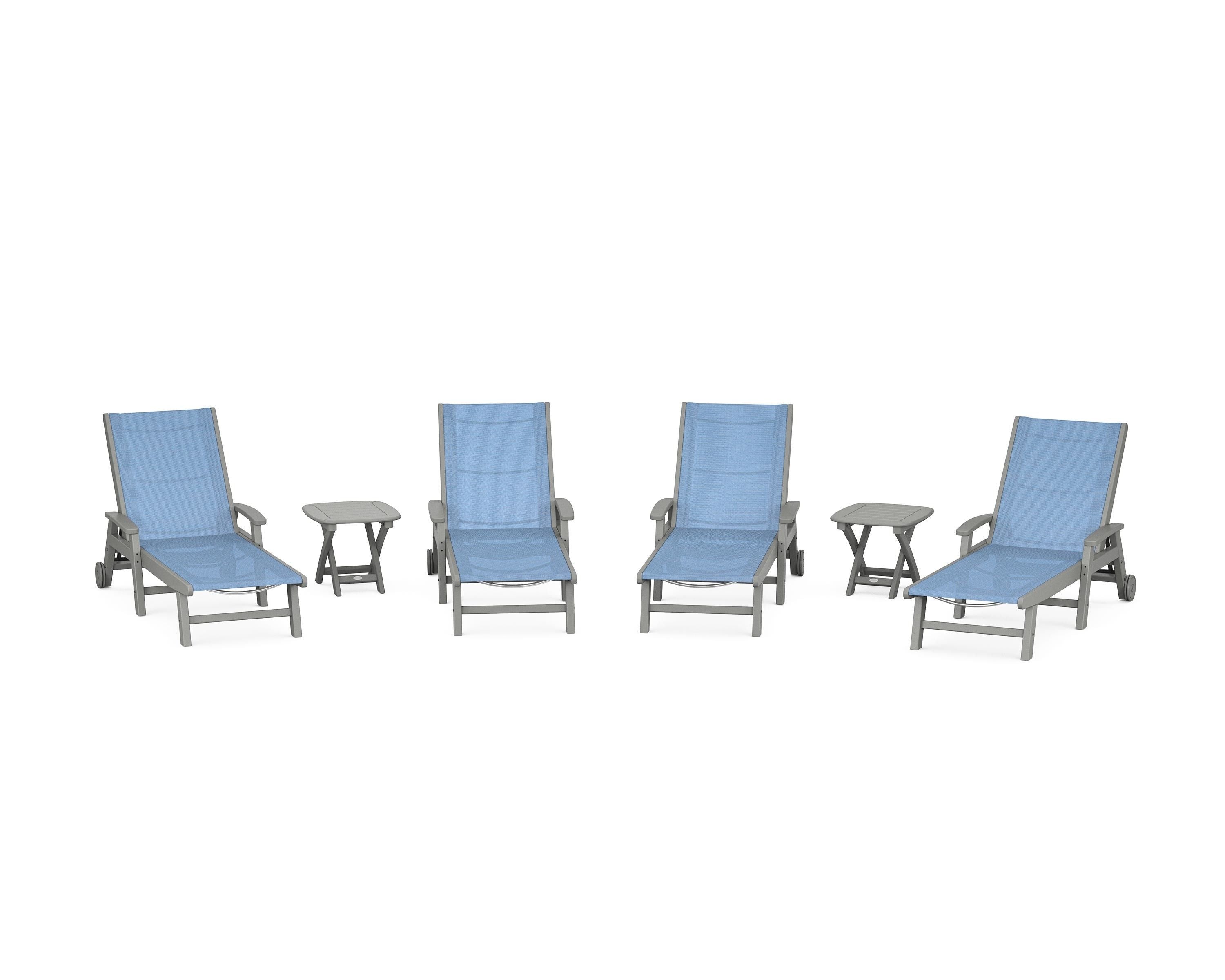 POLYWOOD Coastal Chaise 6-Piece Set with Wheels in Slate Grey / Poolside Sling
