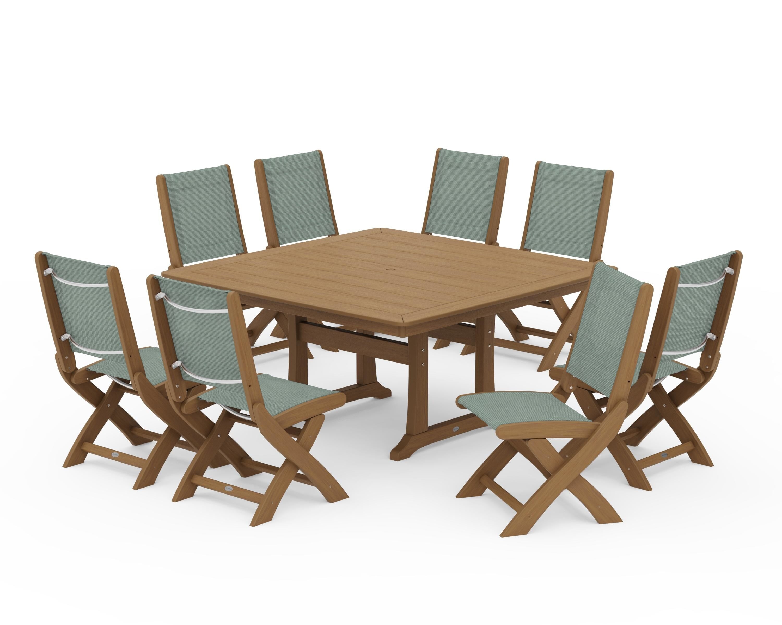 POLYWOOD Coastal Folding Side Chair 9-Piece Dining Set with Trestle Legs in Natural / Dupioni Sea Mist Sling