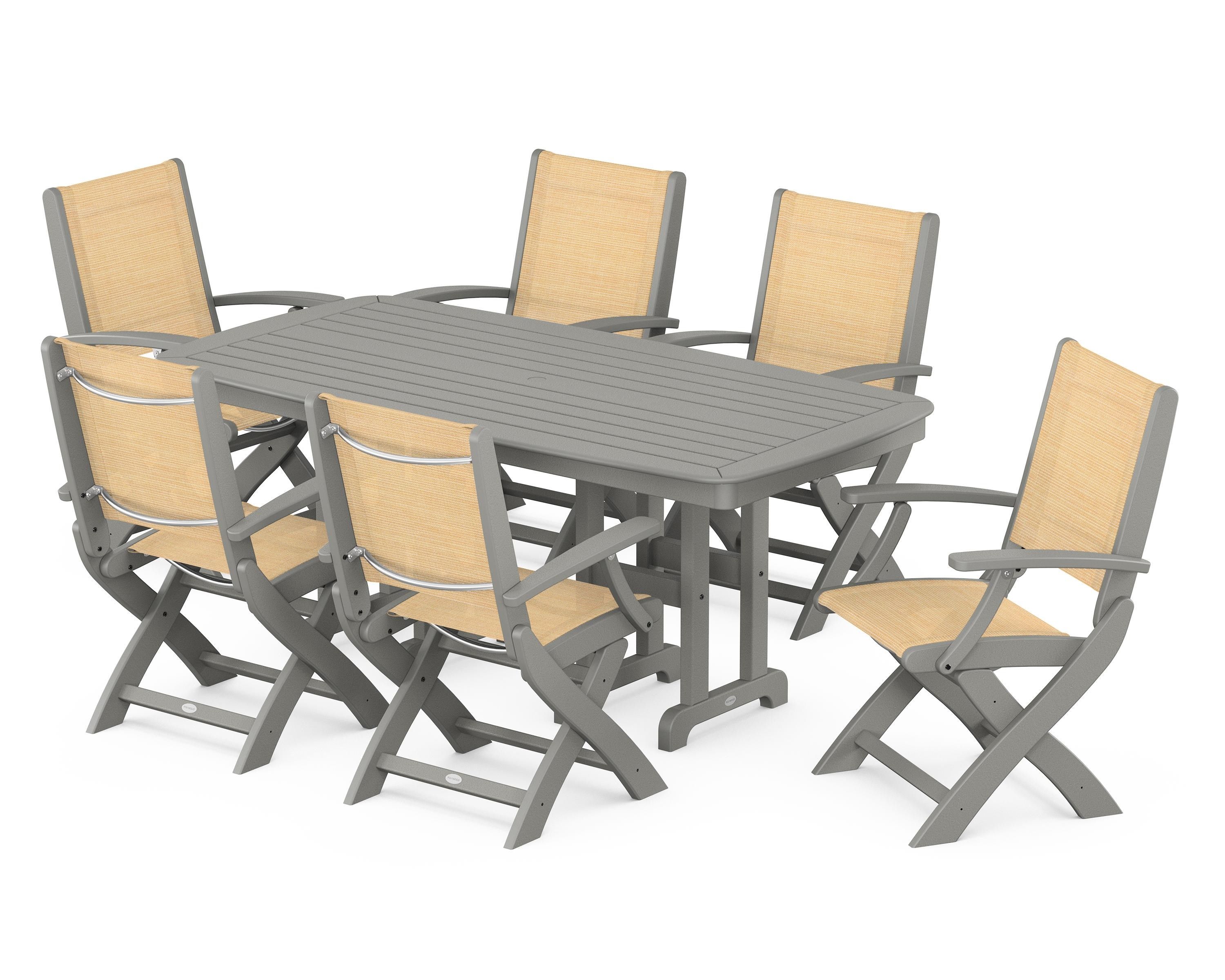POLYWOOD Coastal Folding Arm Chair 7-Piece Dining Set in Slate Grey / Dupioni Apricot Sling