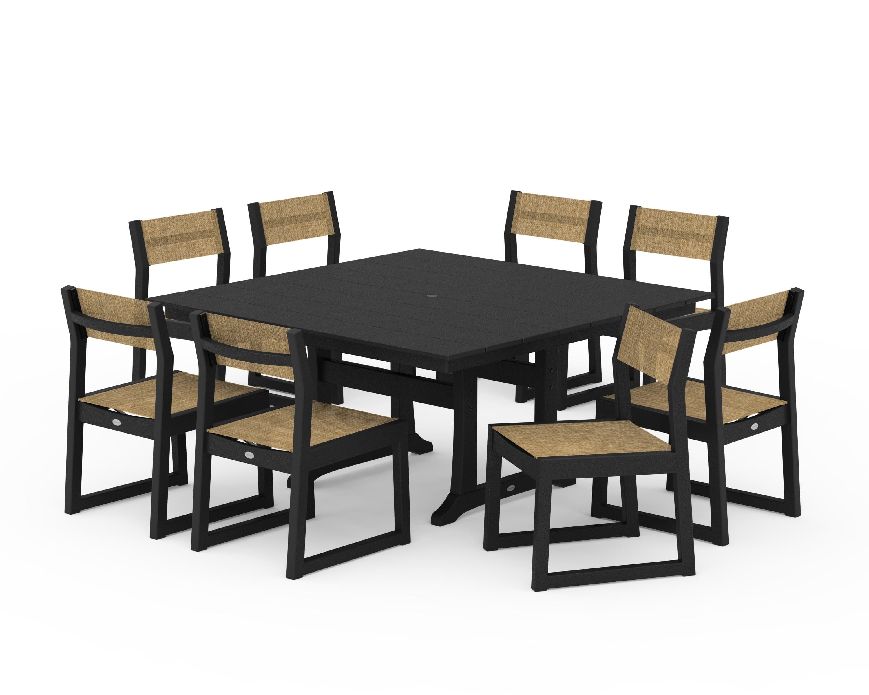 POLYWOOD EDGE Sling Side Chair 9-Piece Farmhouse Trestle Dining Set in Black / Burlap Sling