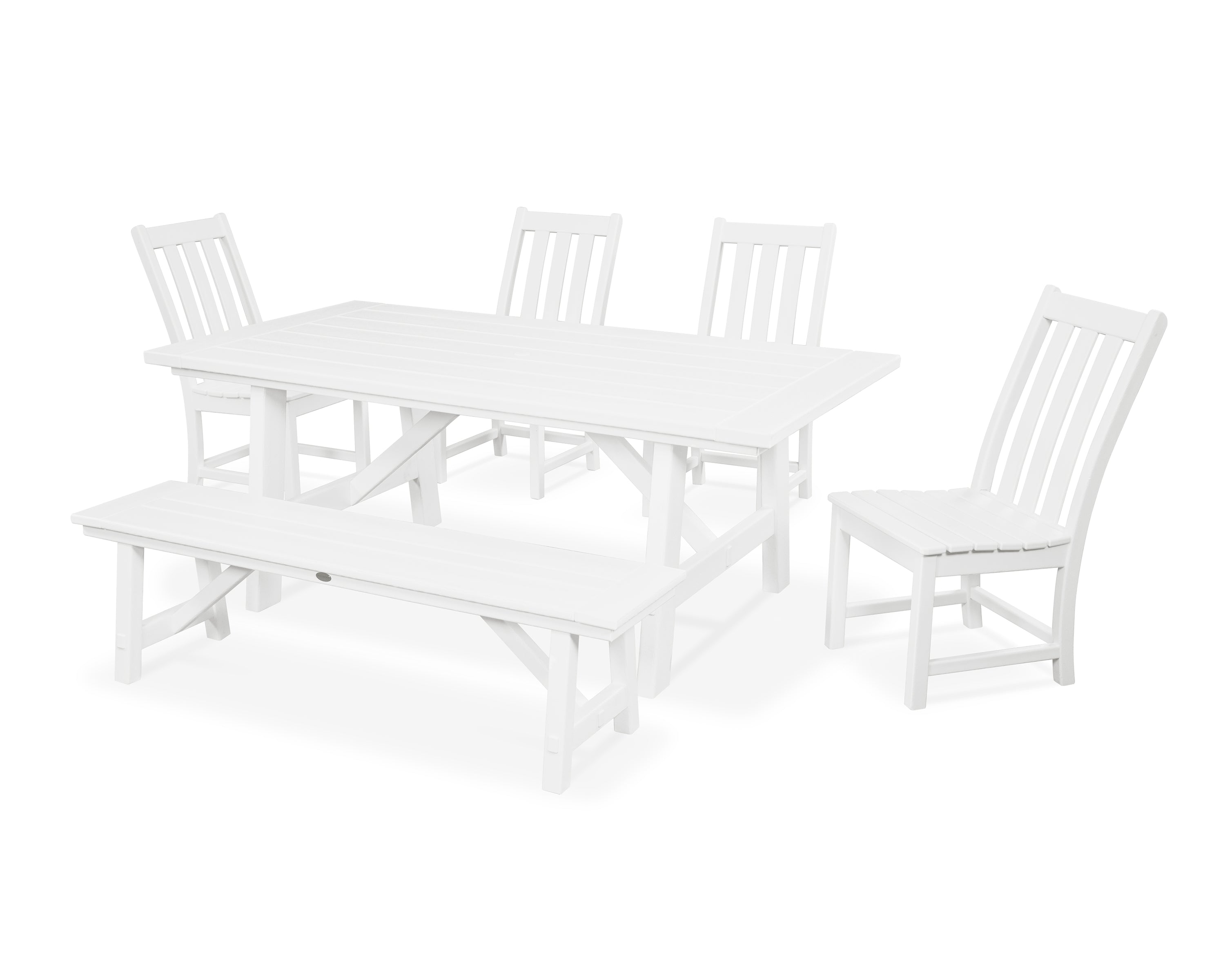 POLYWOOD® Vineyard 6-Piece Rustic Farmhouse Side Chair Dining Set with Bench in White