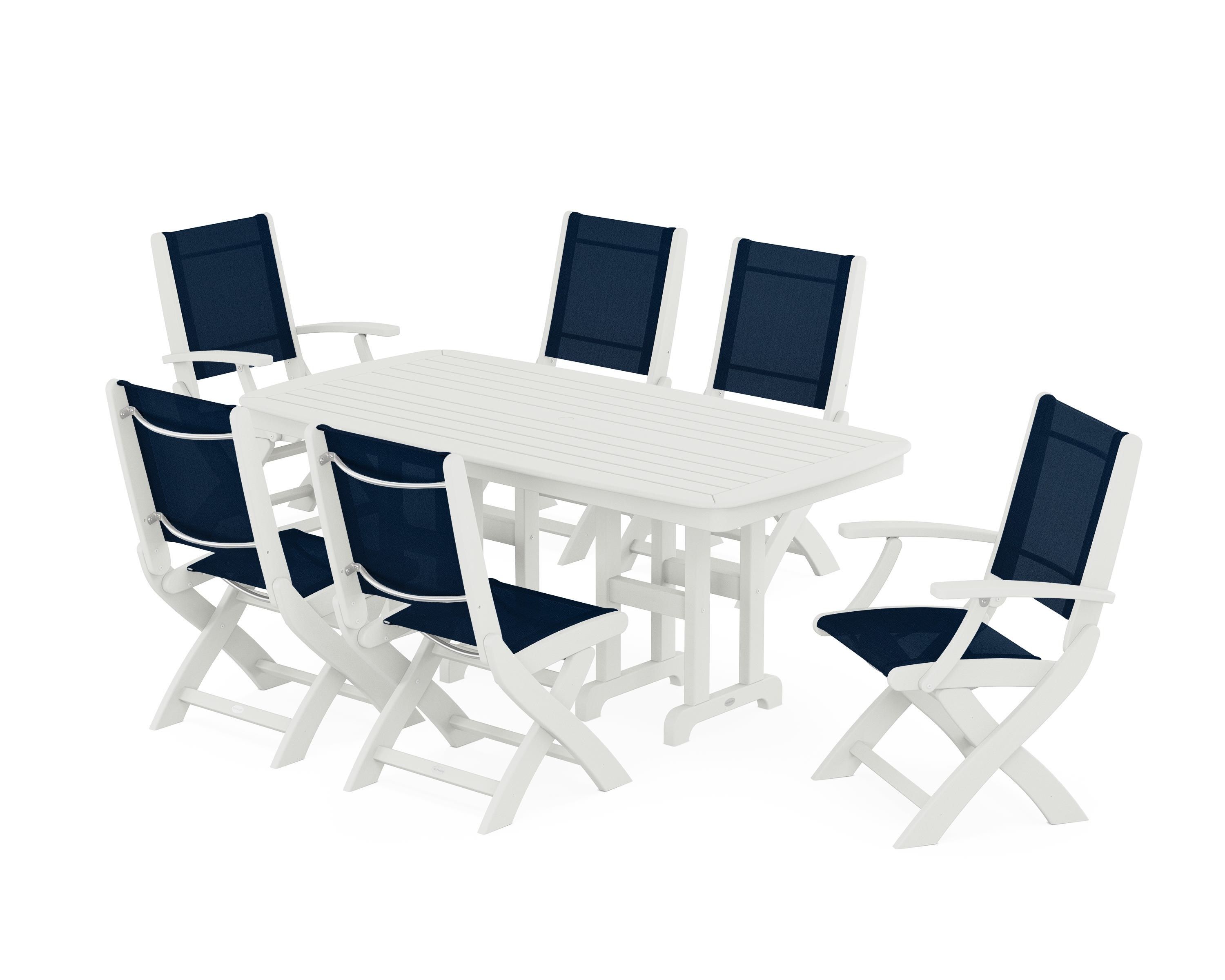 POLYWOOD Coastal Folding Chair 7-Piece Dining Set in Vintage White / Navy Blue Sling