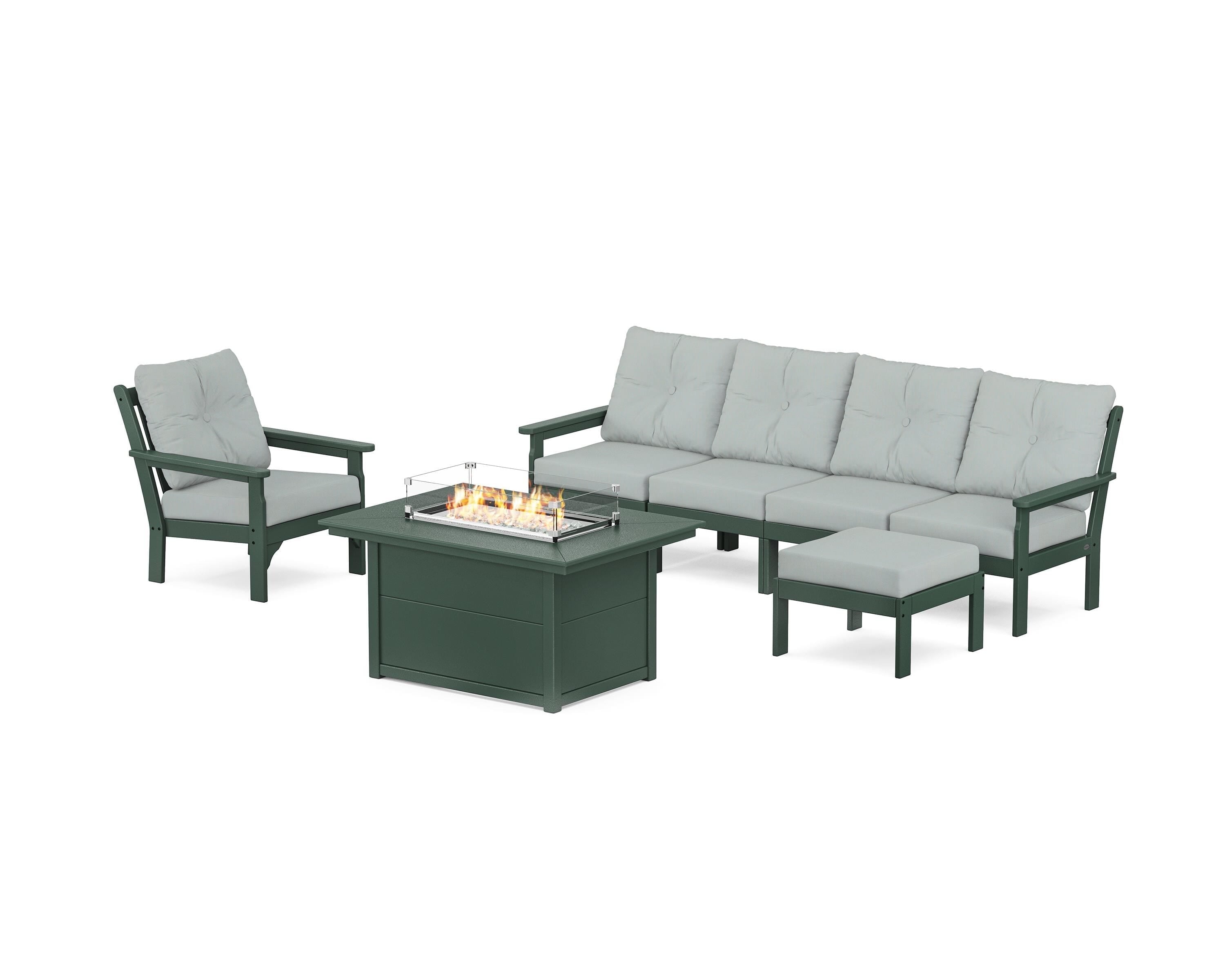 POLYWOOD Vineyard Sectional Lounge and Fire Pit Set in Green / Spa