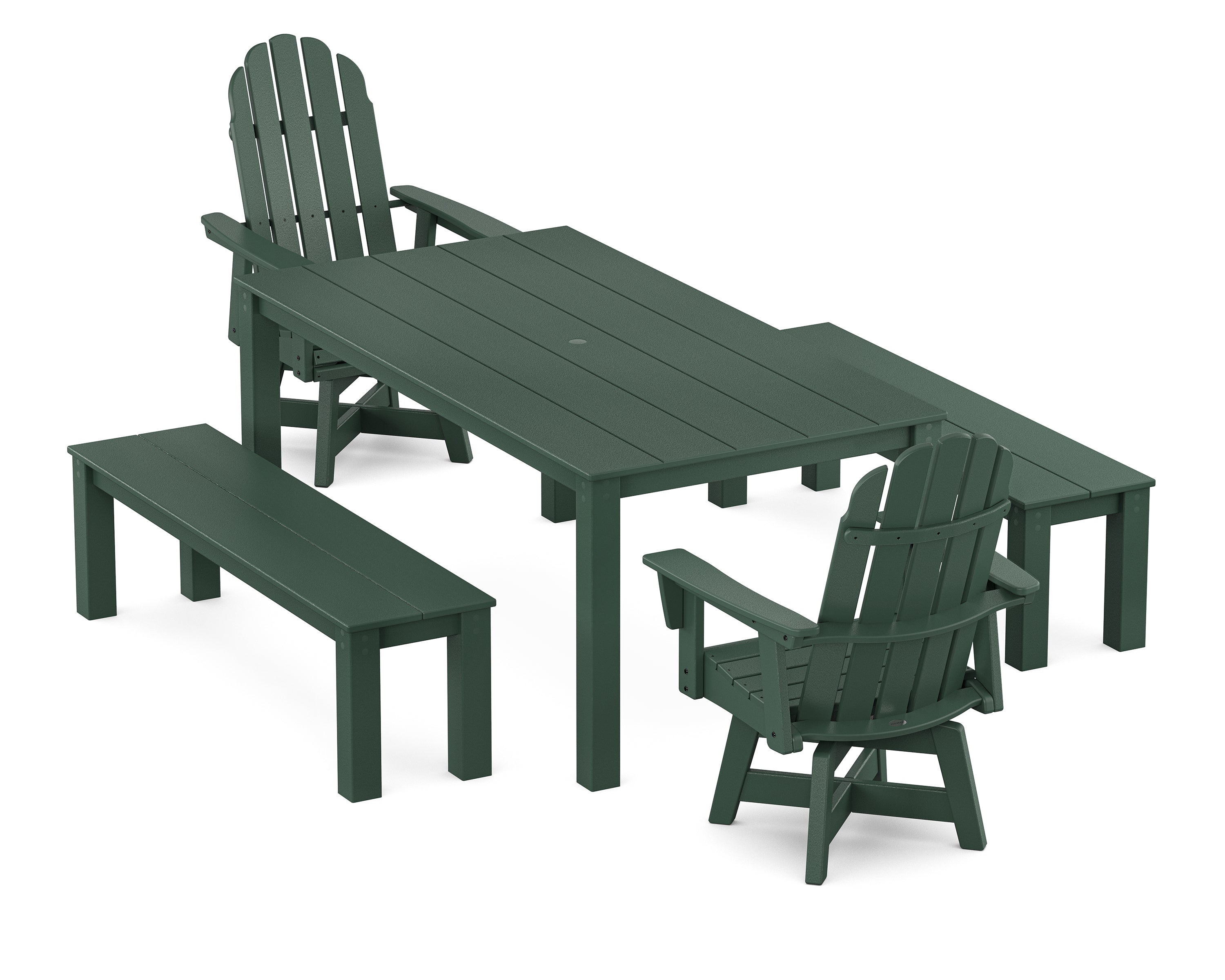 POLYWOOD® Vineyard Curveback Adirondack 5-Piece Parsons Swivel Dining Set with Benches in Green