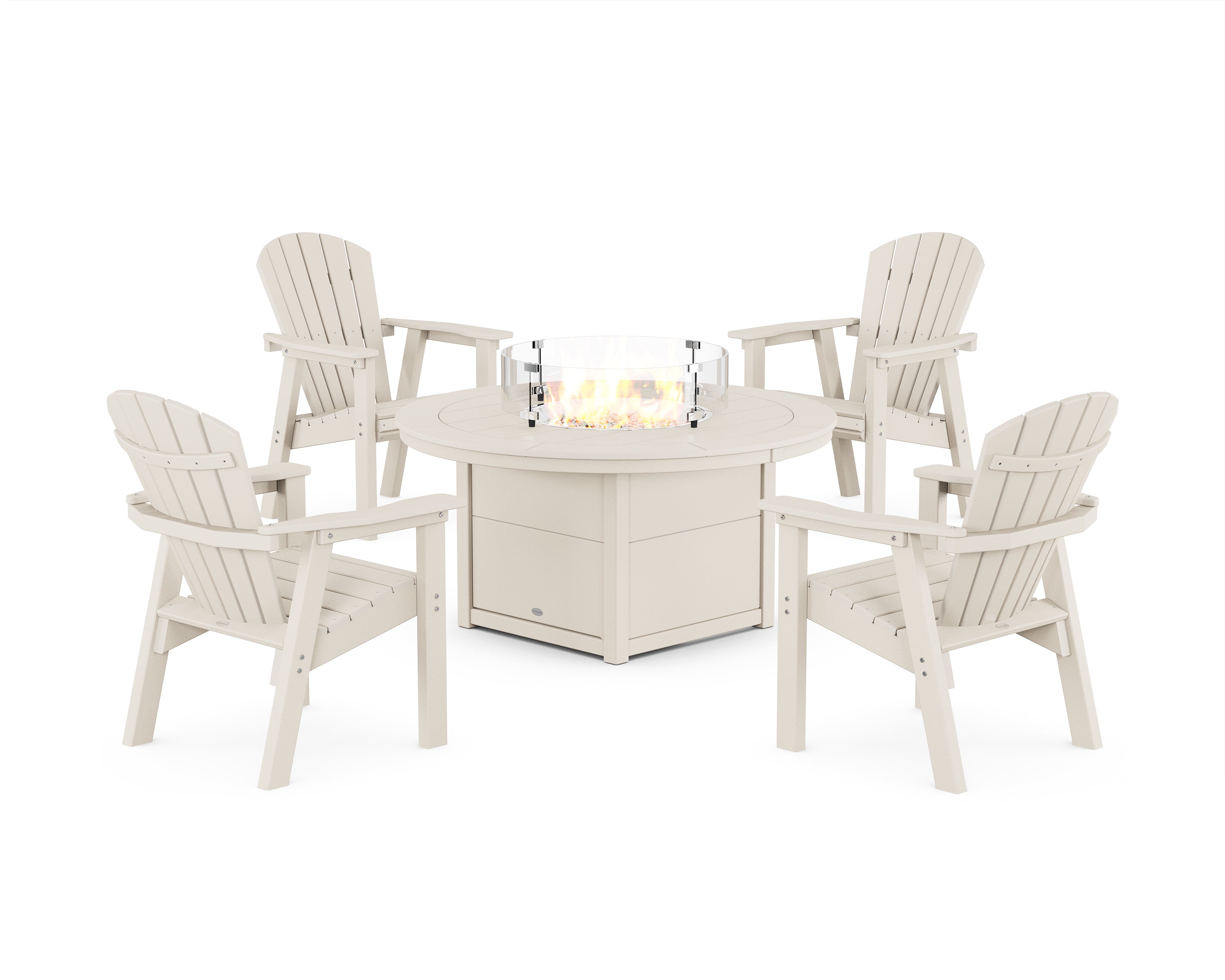 POLYWOOD® Seashell 4-Piece Upright Adirondack Conversation Set with Fire Pit Table in Sand