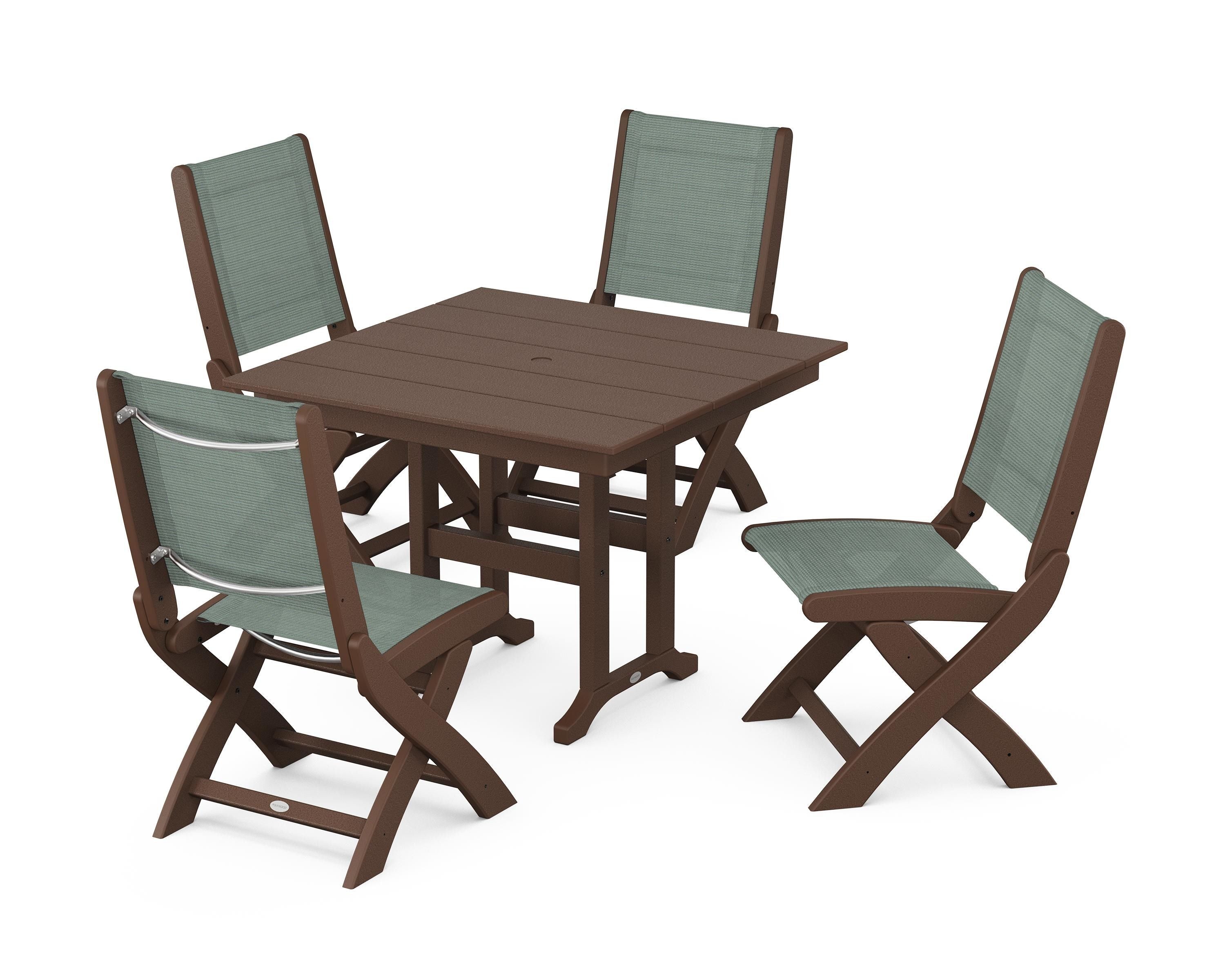 POLYWOOD Coastal Folding Side Chair 5-Piece Farmhouse Dining Set in Mahogany / Dupioni Sea Mist Sling