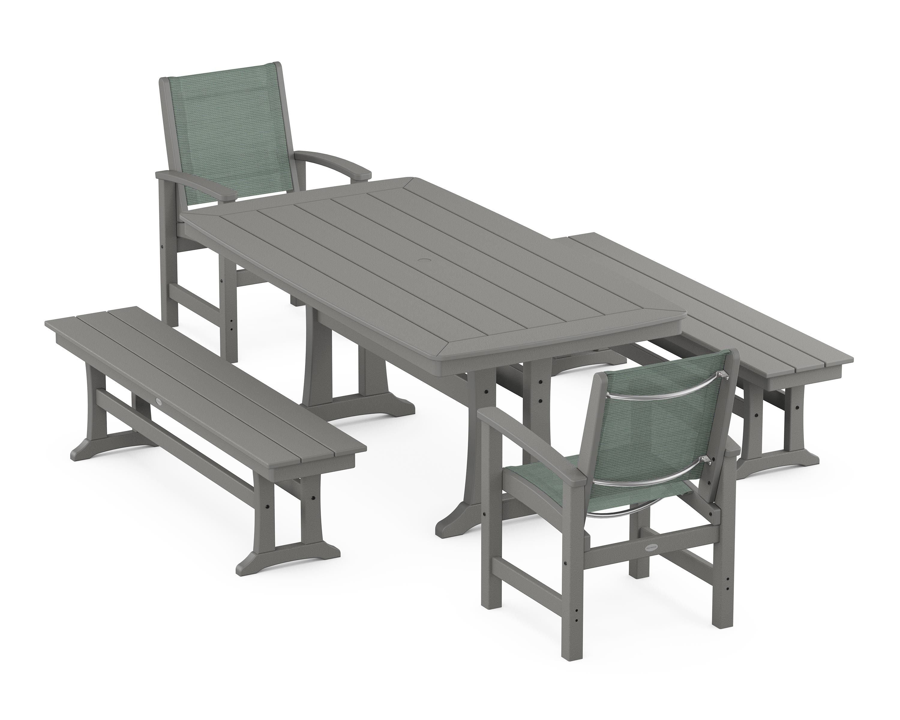 POLYWOOD Coastal 5-Piece Dining Set with Trestle Legs and Benches in Slate Grey / Dupioni Sea Mist Sling