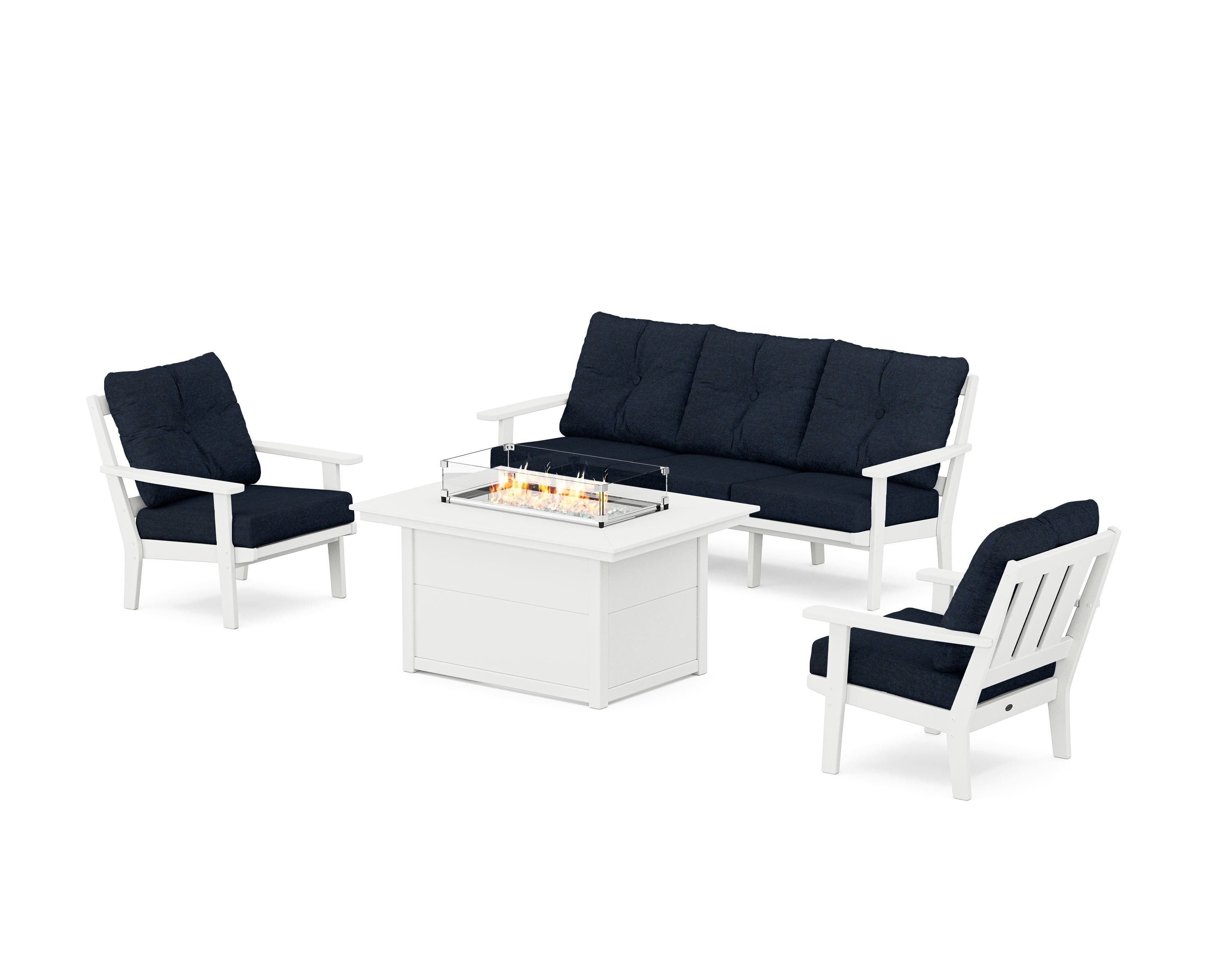 POLYWOOD Oxford Deep Seating Fire Pit Table Set in White / Marine Indigo