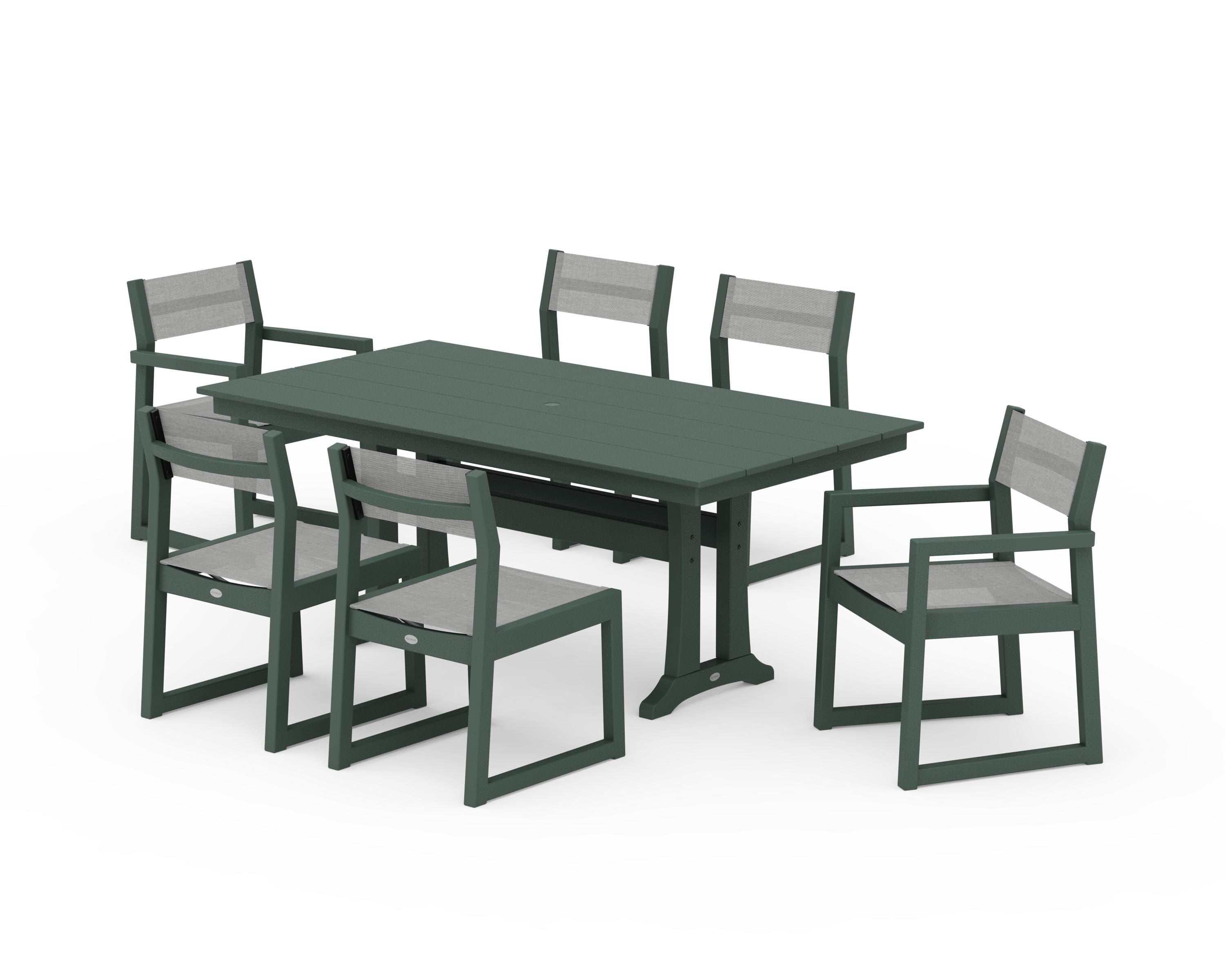 POLYWOOD EDGE Sling 7-Piece Farmhouse Trestle Dining Set in Green / Metallic Sling