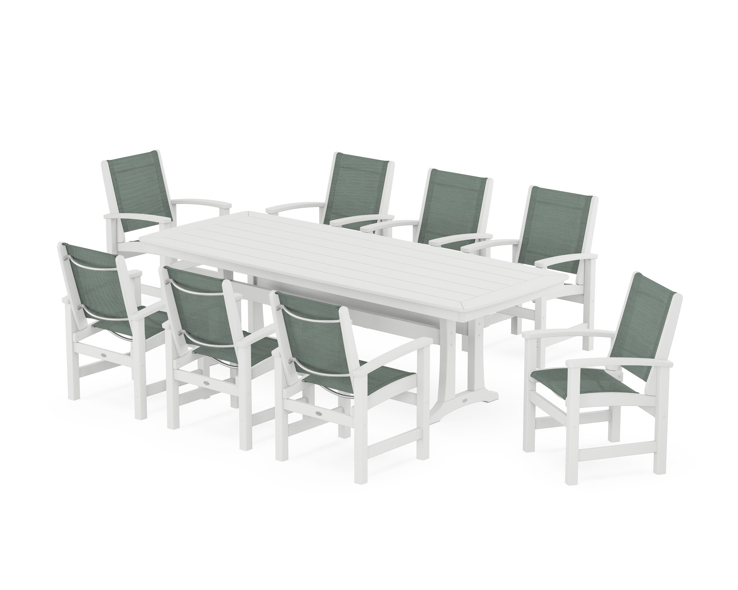 POLYWOOD Coastal 9-Piece Dining Set with Trestle Legs in White / Dupioni Sea Mist Sling