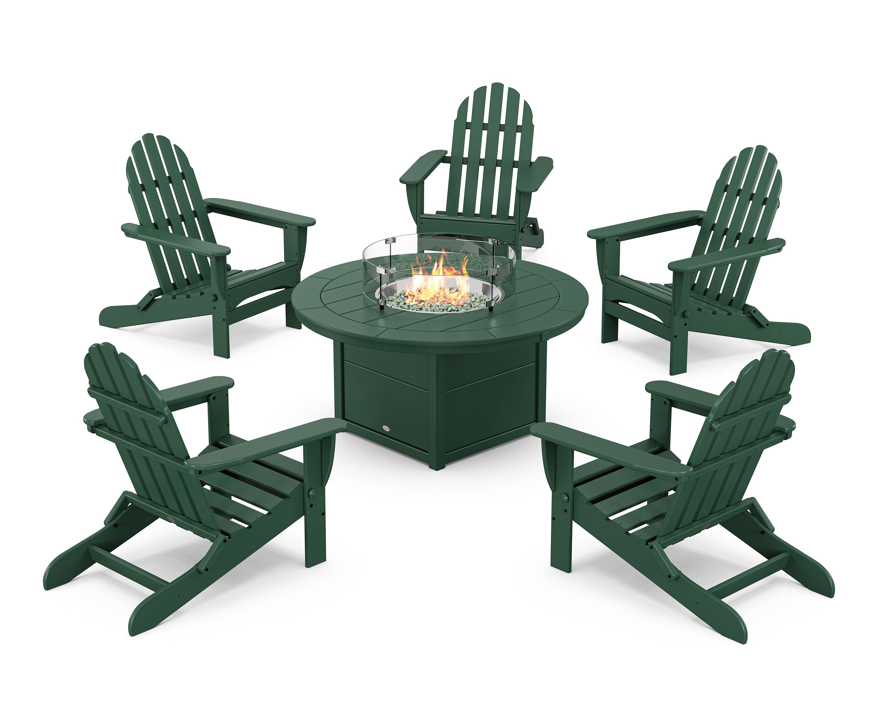 POLYWOOD® Classic Folding Adirondack 6-Piece Conversation Set with Fire Pit Table in Green