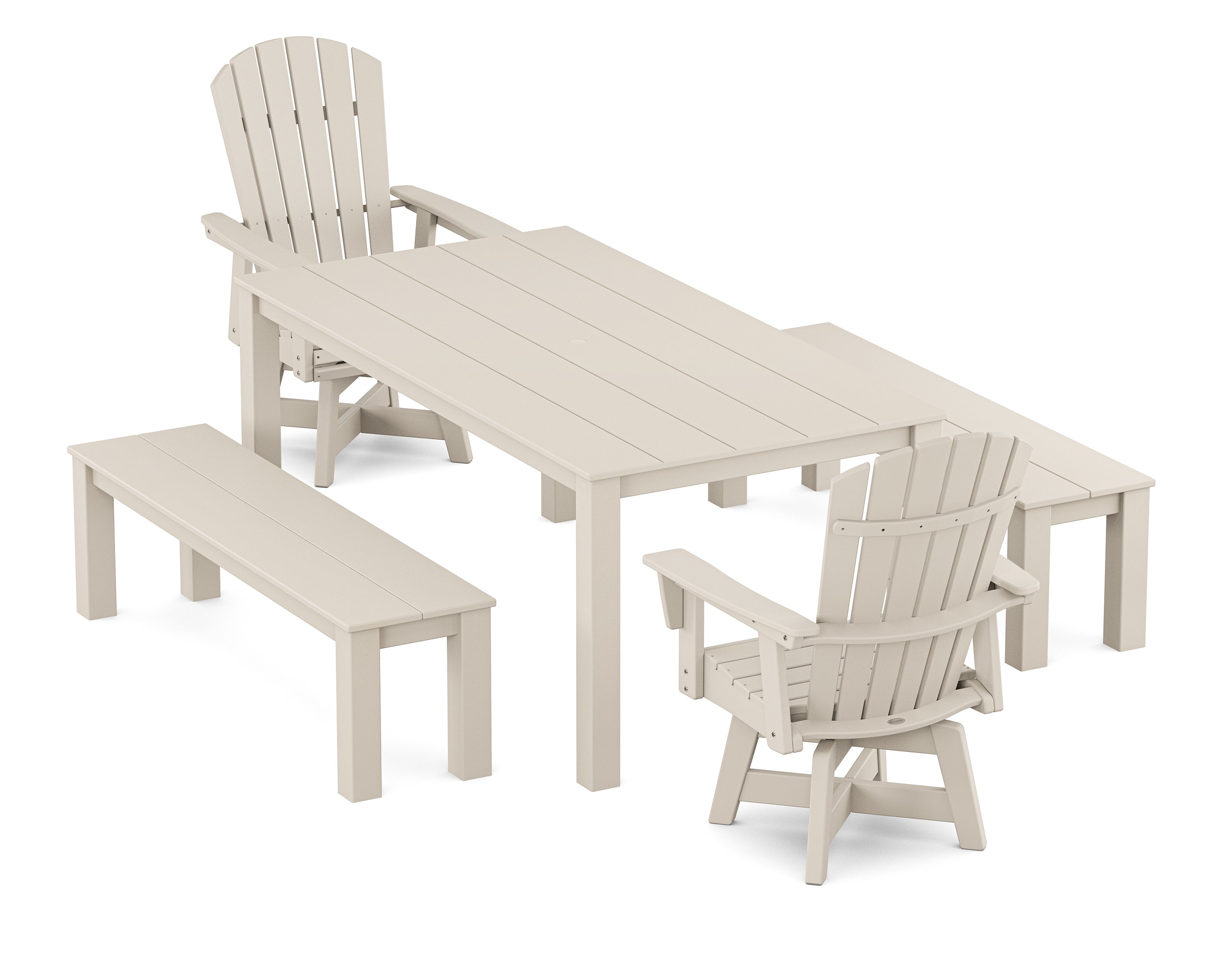 POLYWOOD® Nautical Curveback Adirondack Swivel 5-Piece Parsons Dining Set with Benches in Sand