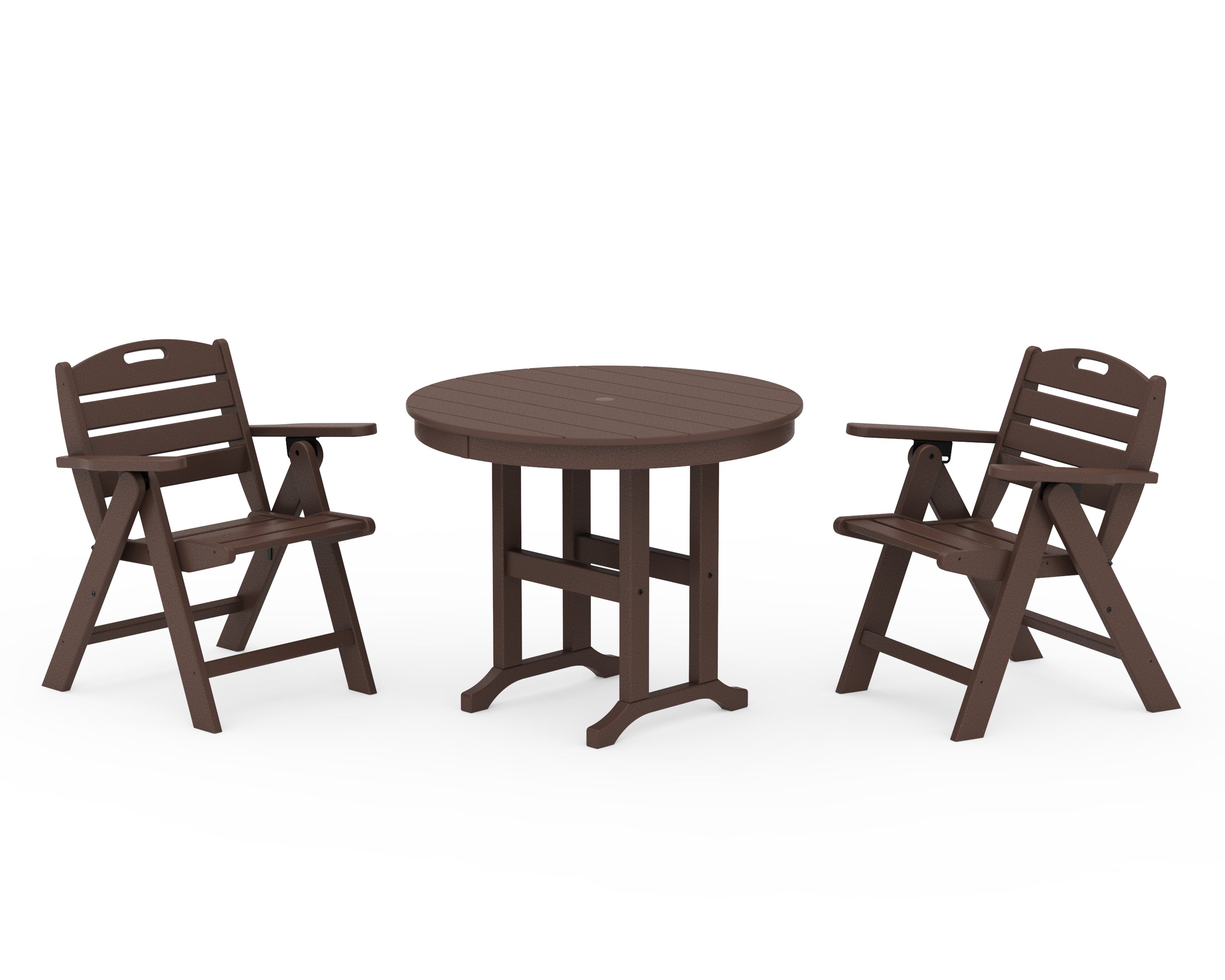 POLYWOOD Nautical Folding Lowback Chair 3-Piece Round Dining Set in Mahogany