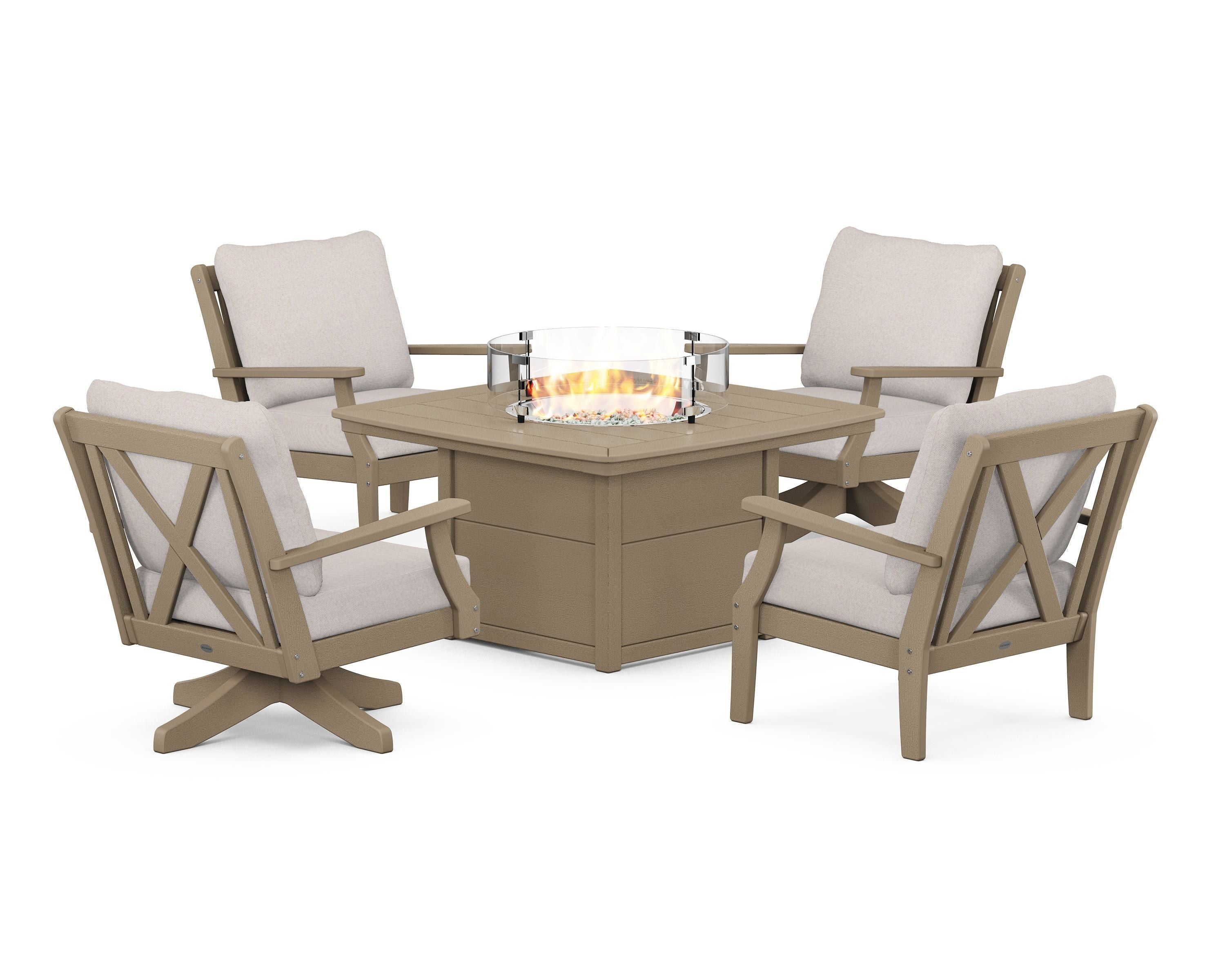 POLYWOOD Braxton 5-Piece Deep Seating Set with Fire Table in Vintage Sahara / Dune Burlap