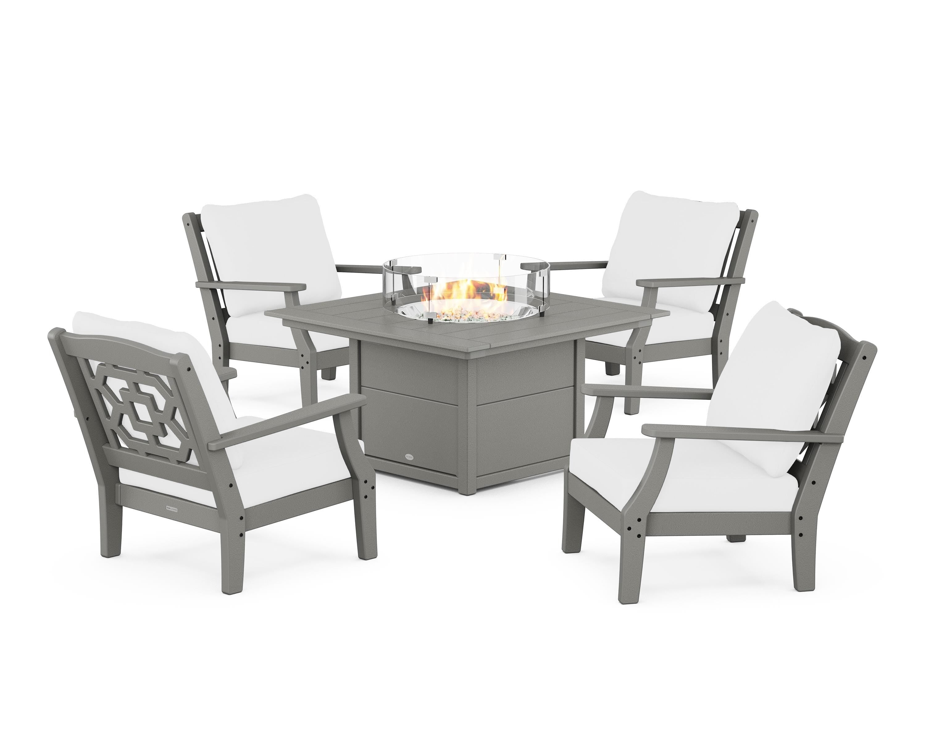 Martha Stewart by POLYWOOD Chinoiserie 5-Piece Deep Seating Set with Fire Pit Table in Slate Grey / Natural