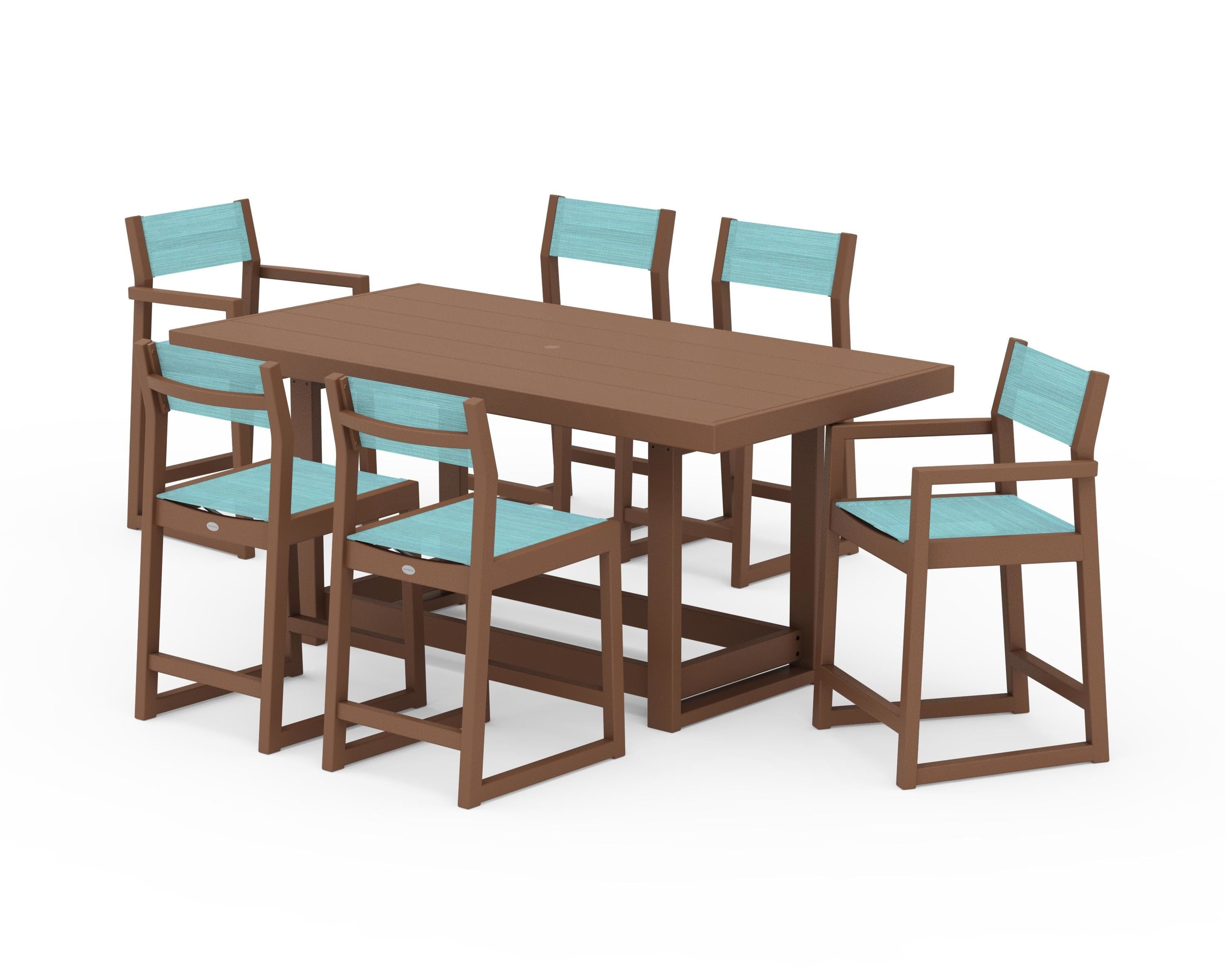 POLYWOOD EDGE Sling 7-Piece Counter Table Set in Teak / Dupioni Aquamarine Sling