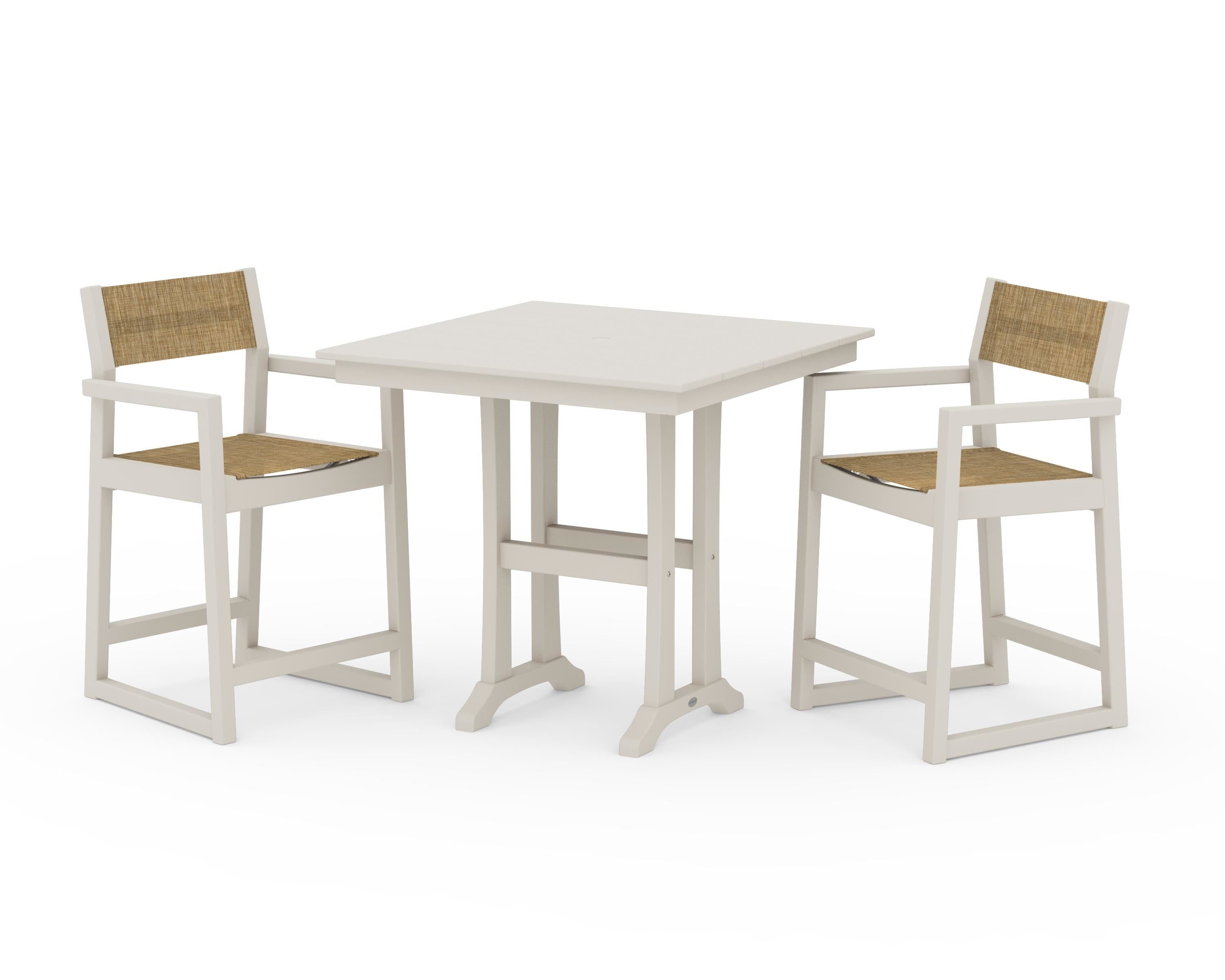 POLYWOOD EDGE Sling Arm Chair 3-Piece Farmhouse Counter Set with Trestle Legs in Sand / Burlap Sling