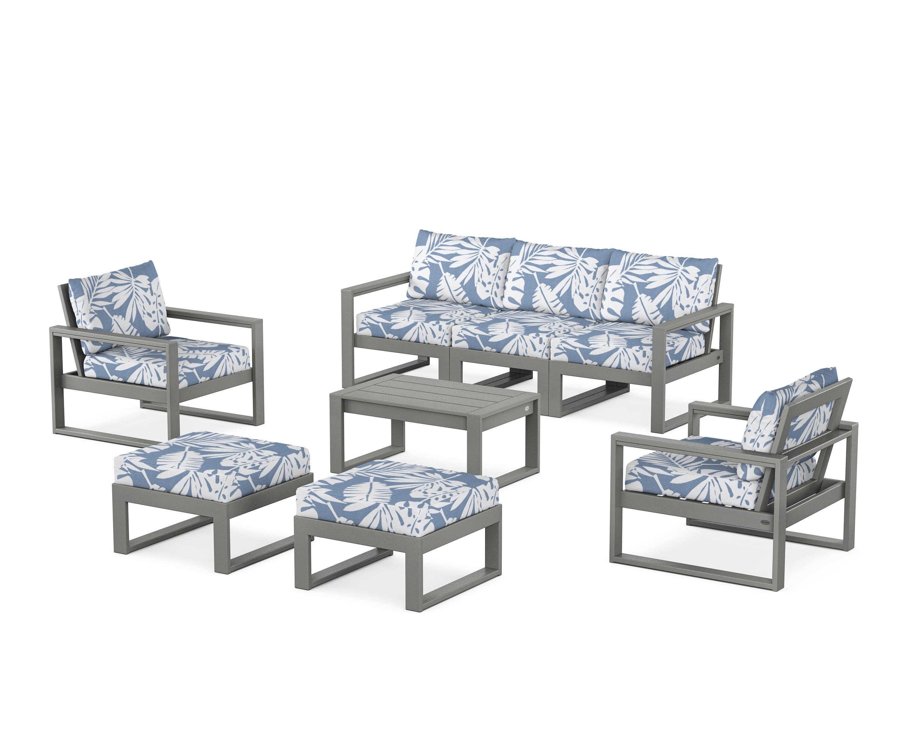 POLYWOOD EDGE Sectional 8-Piece Lounge Sofa Set in Slate Grey / Leaf Sky Blue