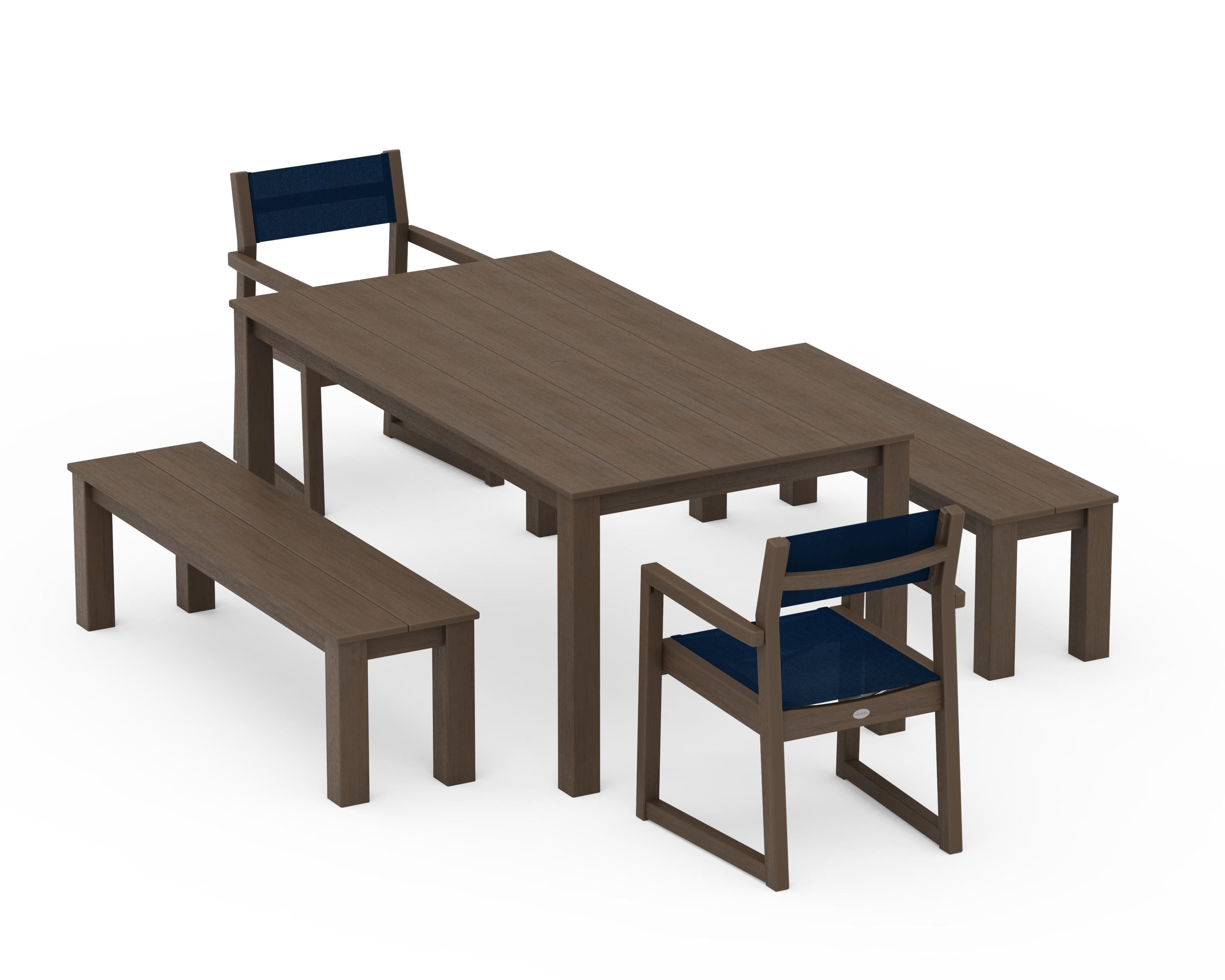POLYWOOD EDGE Sling Arm Chair 5-Piece Parsons Dining Set with Benches in Kona / Navy Blue Sling