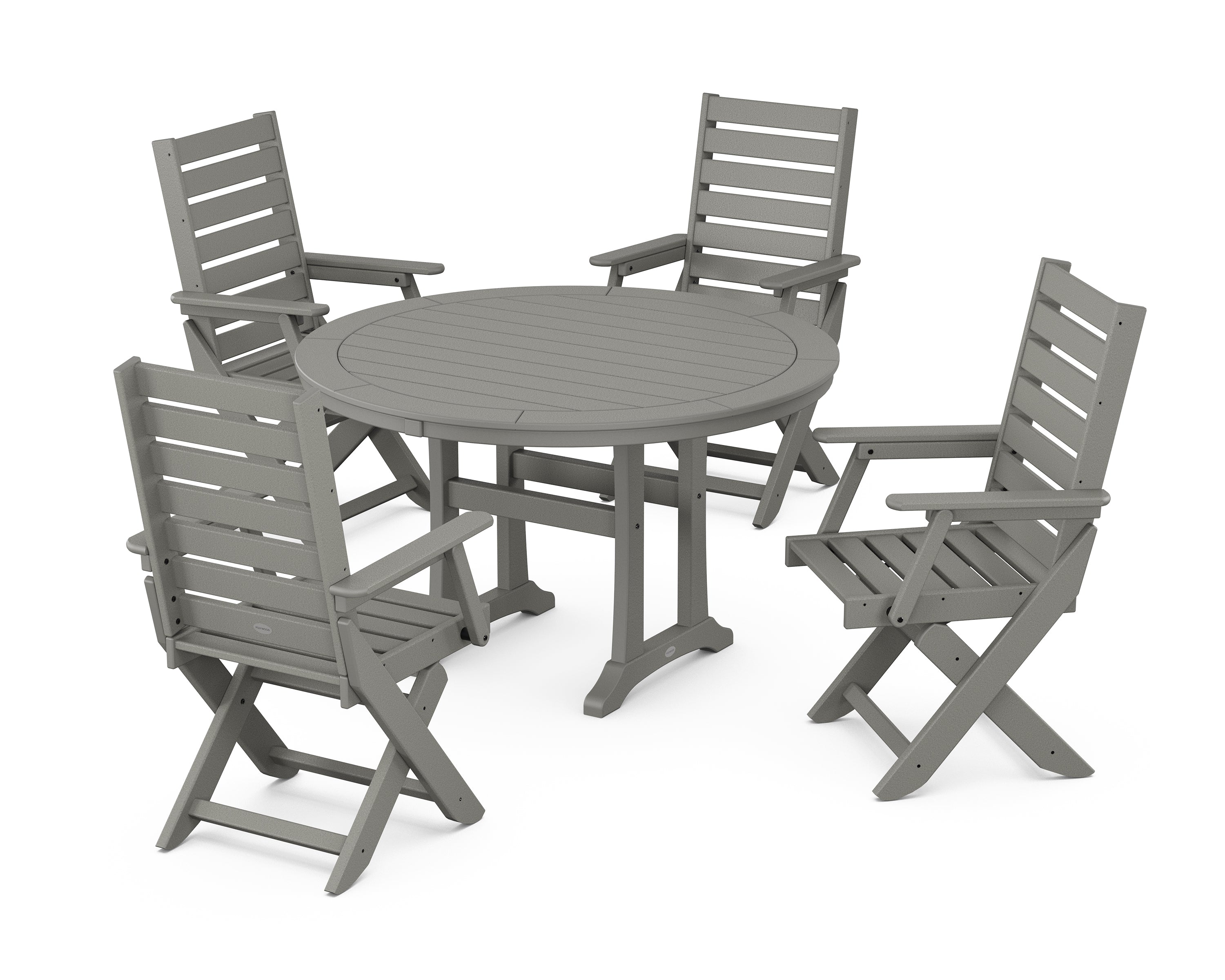 POLYWOOD® Captain Folding Chair 5-Piece Round Dining Set with Trestle Legs in Slate Grey