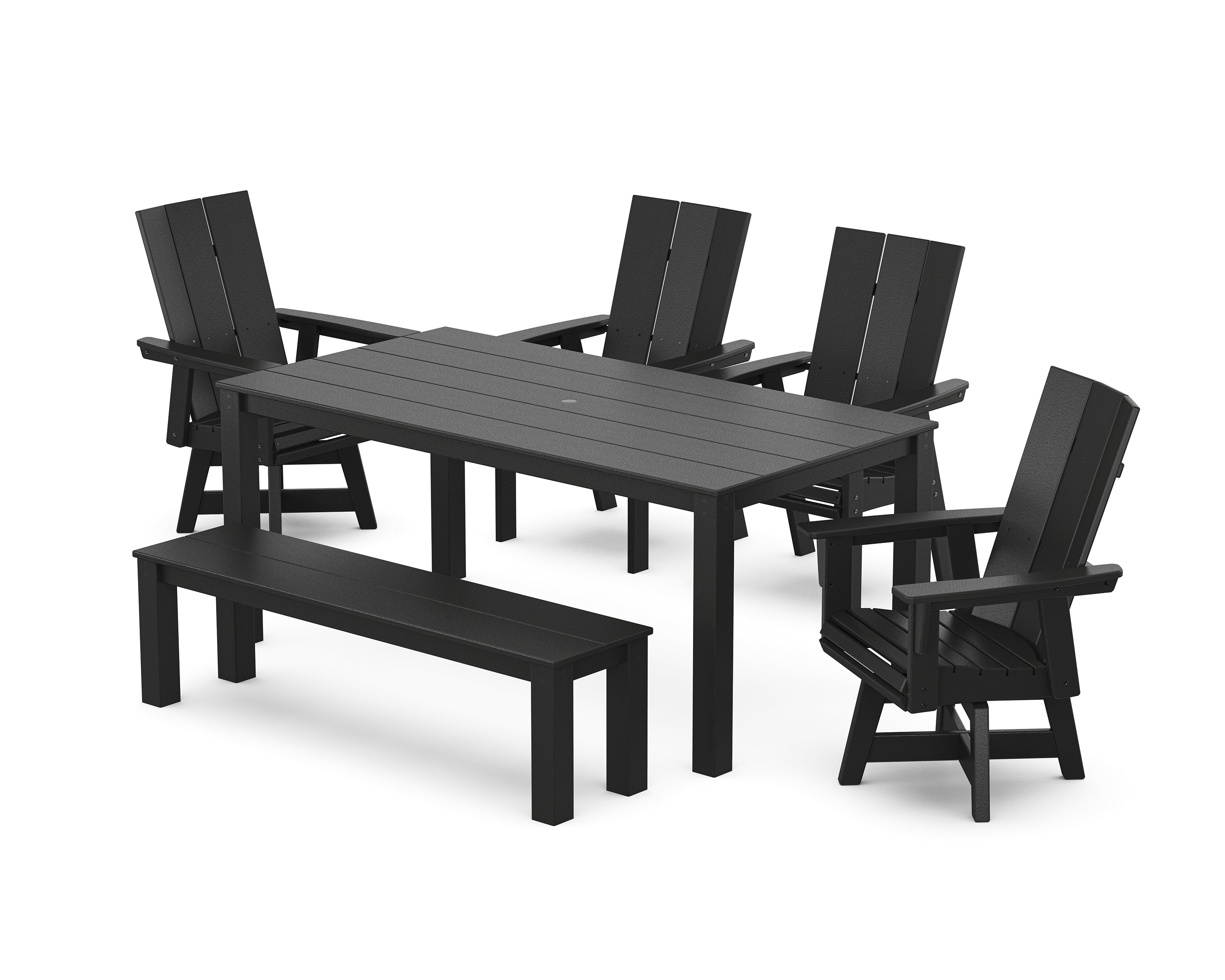 POLYWOOD® Modern Curveback Adirondack 6-Piece Parsons Swivel Dining Set with Bench in Black