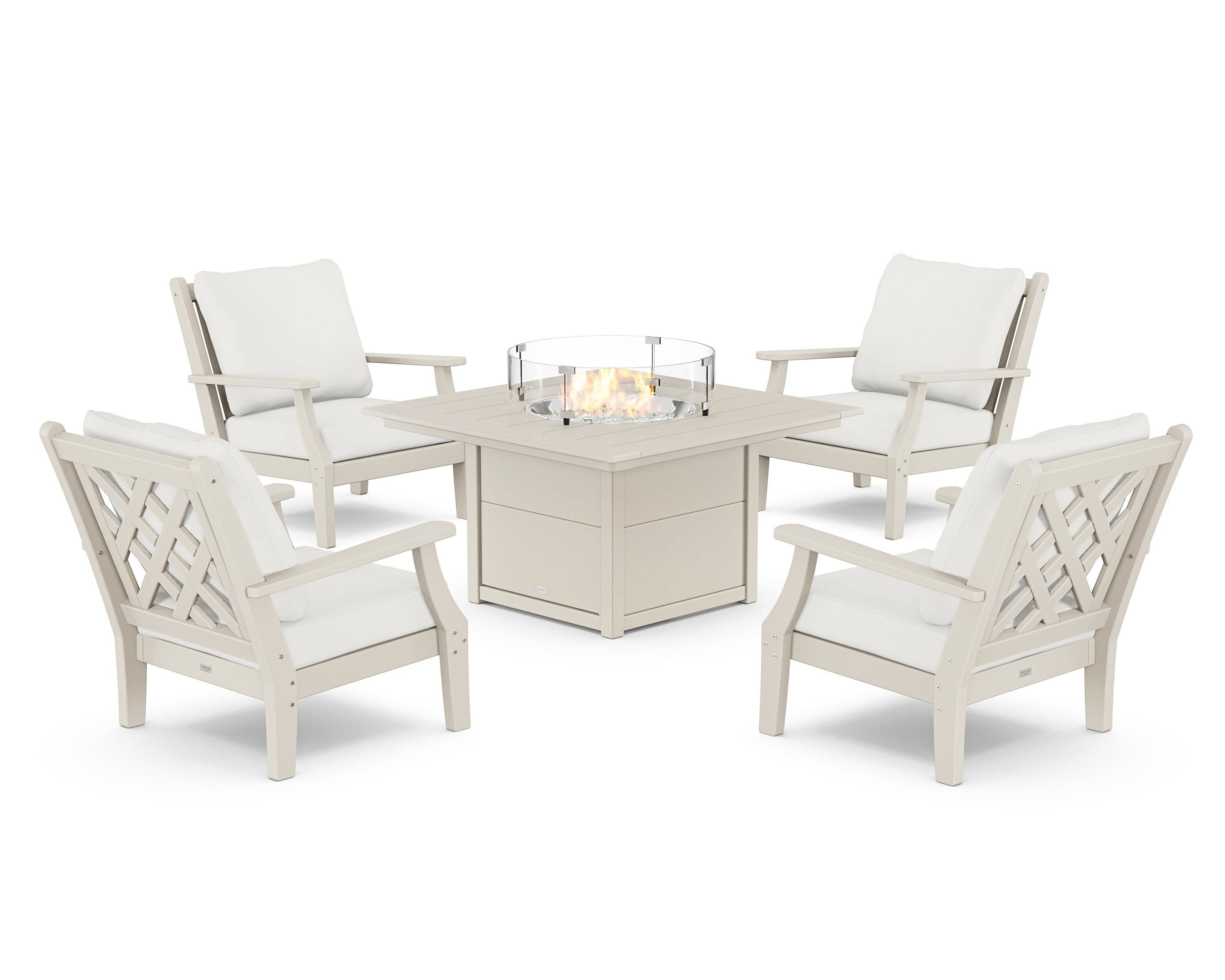Country Living Wovendale 5-Piece Deep Seating Set with Fire Pit Table in Sand / Natural Linen