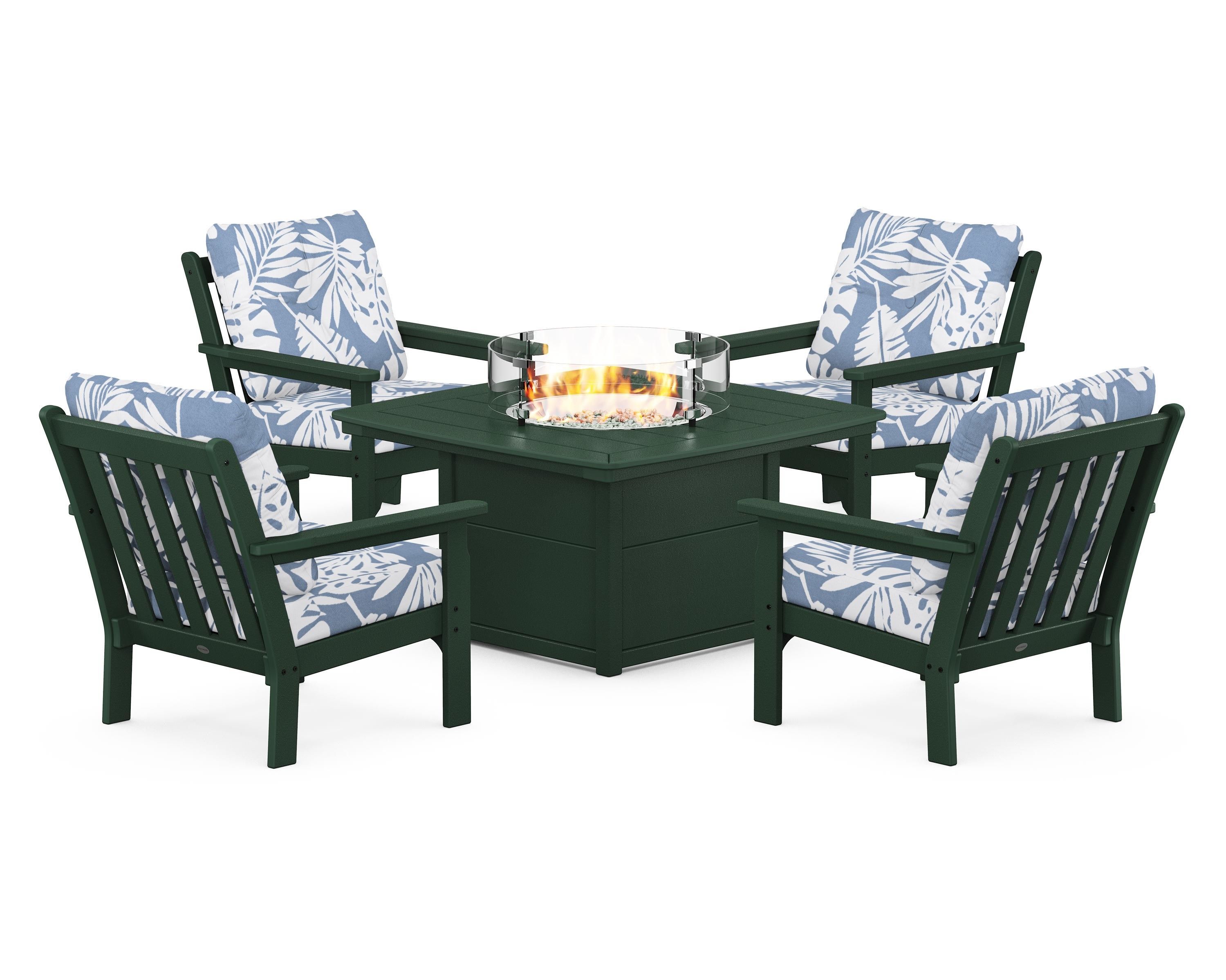 POLYWOOD Vineyard 5-Piece Conversation Set with Fire Pit Table in Green / Leaf Sky Blue