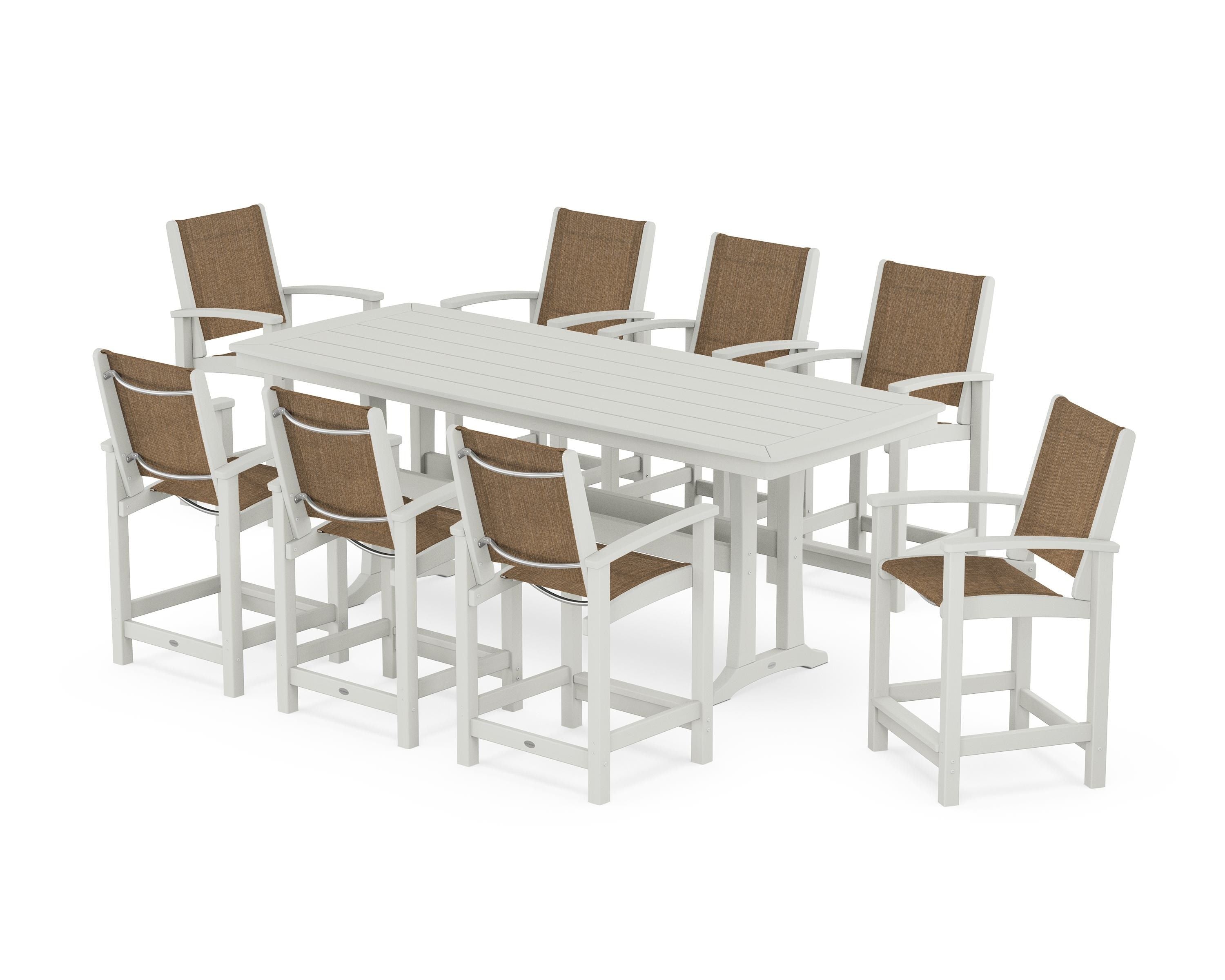 POLYWOOD Coastal 9-Piece Counter Set with Trestle Legs in Vintage White / Burlap Sling