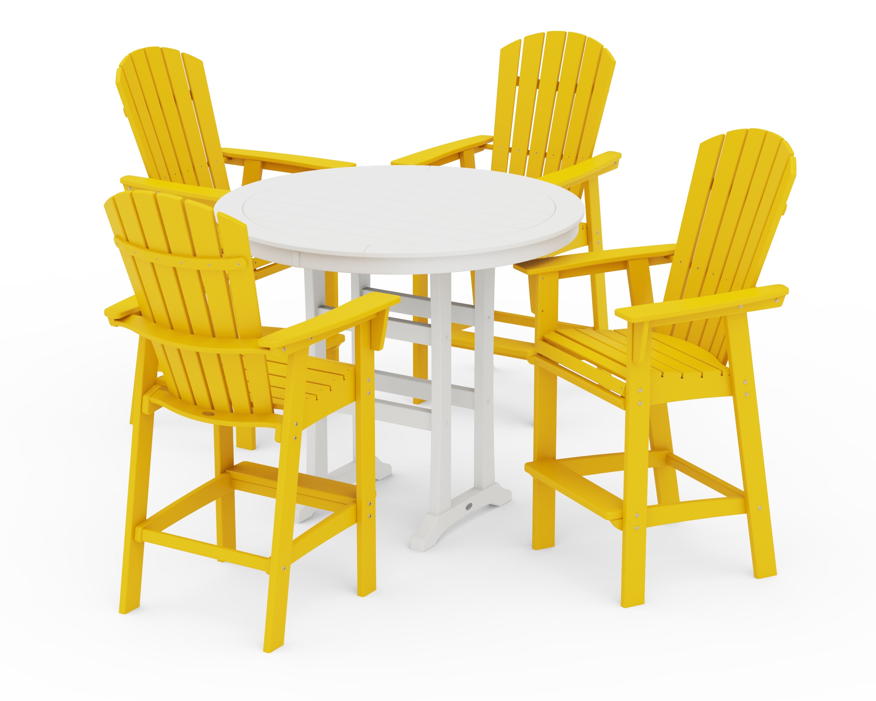 POLYWOOD Nautical Curveback Adirondack 5-Piece Round Trestle Bar Set in Lemon / White