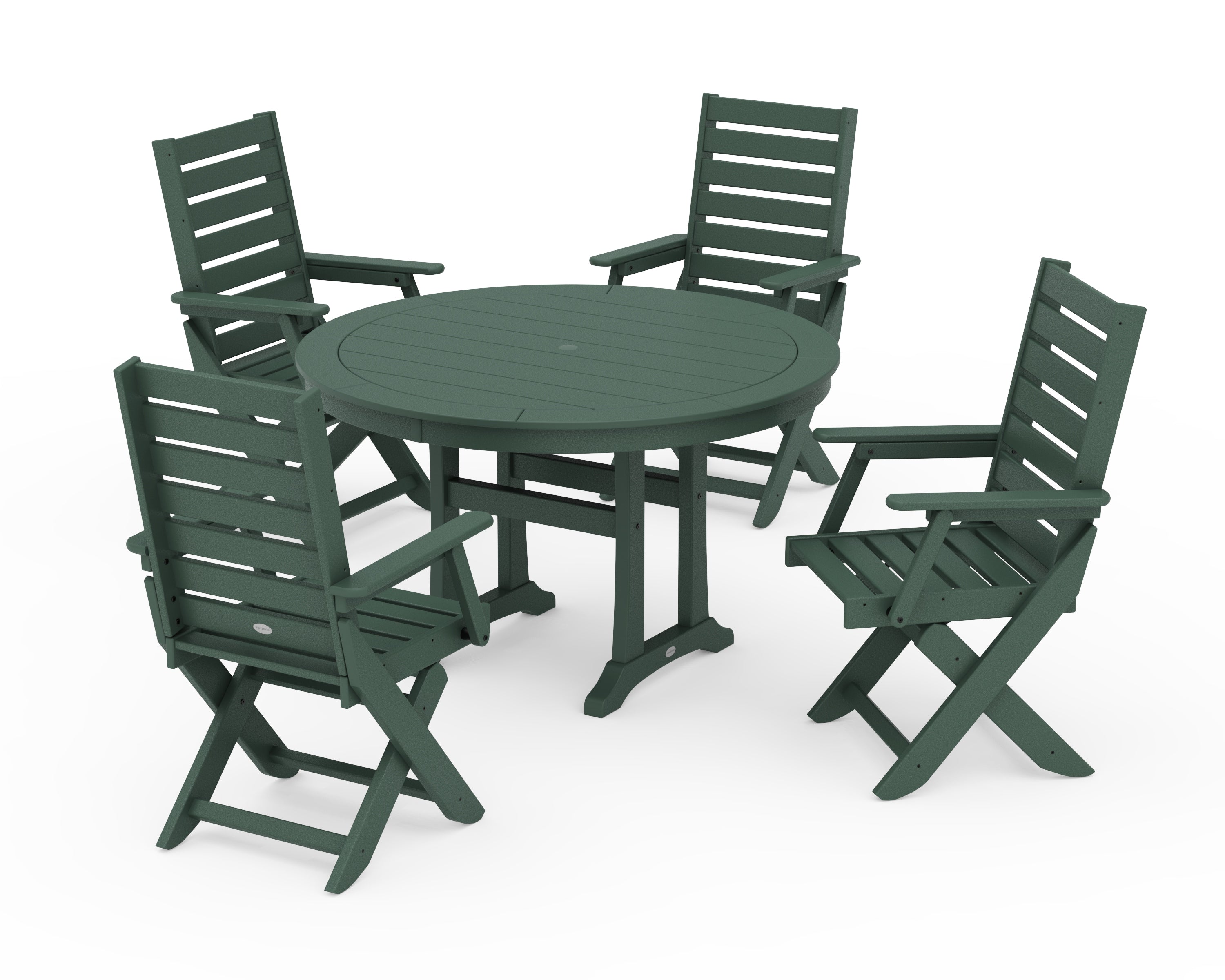 POLYWOOD Captain Folding Chair 5-Piece Round Dining Set with Trestle Legs in Green